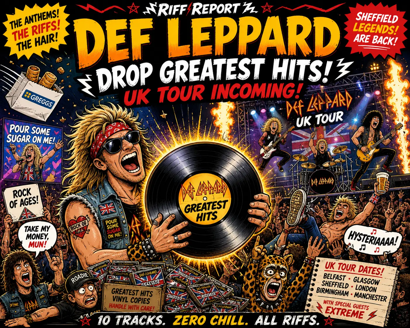 Poster promoting Def Leppard's Greatest Hits with a giant vinyl record and a rocking crowd at a concert scene, UK tour incoming!