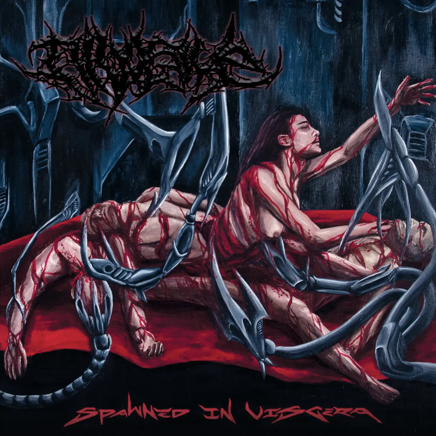 Horror illustration of a blood-smeared, bound man on a red surface, surrounded by twisted metal tentacles in a dark blue setting.