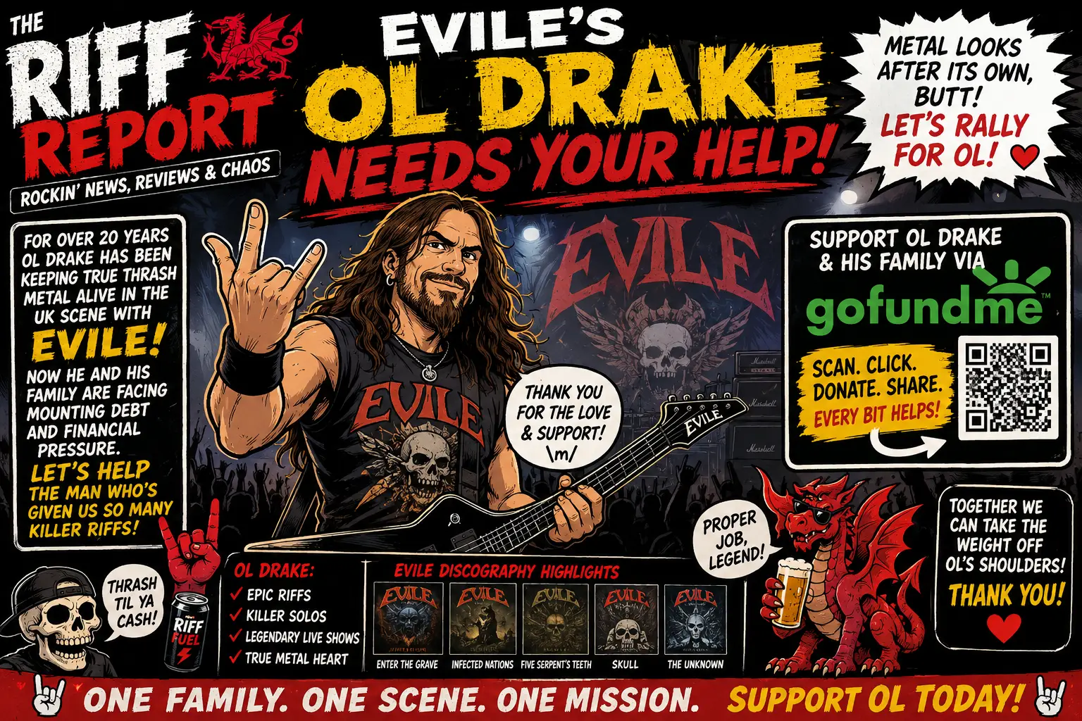 Colorful rock-poster promoting OL Drake's fundraiser, featuring a guitarist with skull imagery, bold headlines, and a GoFundMe panel demanding donations.