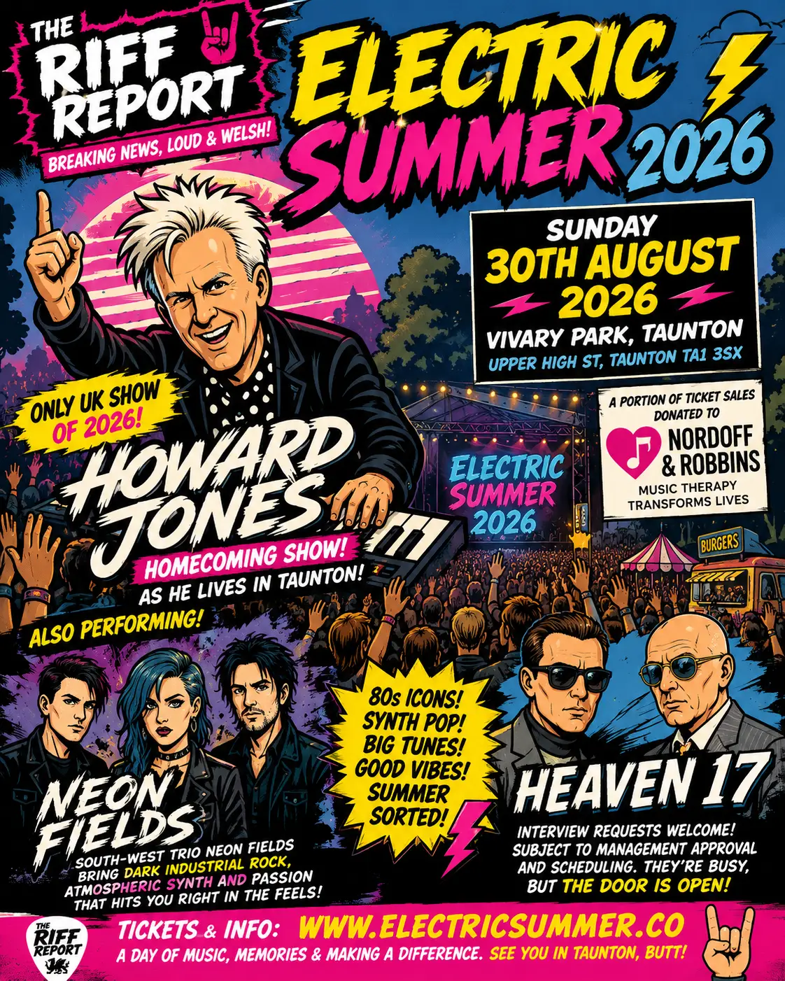 Vibrant poster for Electric Summer 2026 announcing Howard Jones with a cheering crowd at Taunton on August 30, 2026, plus Neon Fields and Heaven 17 as acts.