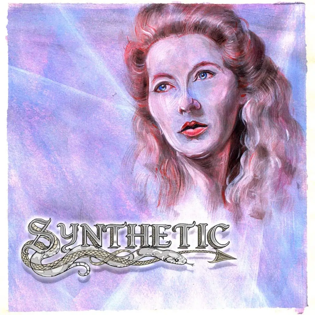 Watercolor portrait of a woman with blue eyes and wavy red hair against a purple background, with a decorative snake at the bottom.