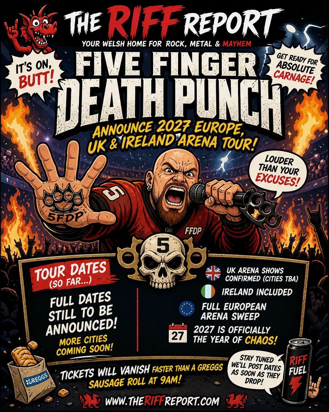 Concert poster for Five Finger Death Punch tour promoted by The RIFF Report, with flames, skull emblem, and a screaming vocalist