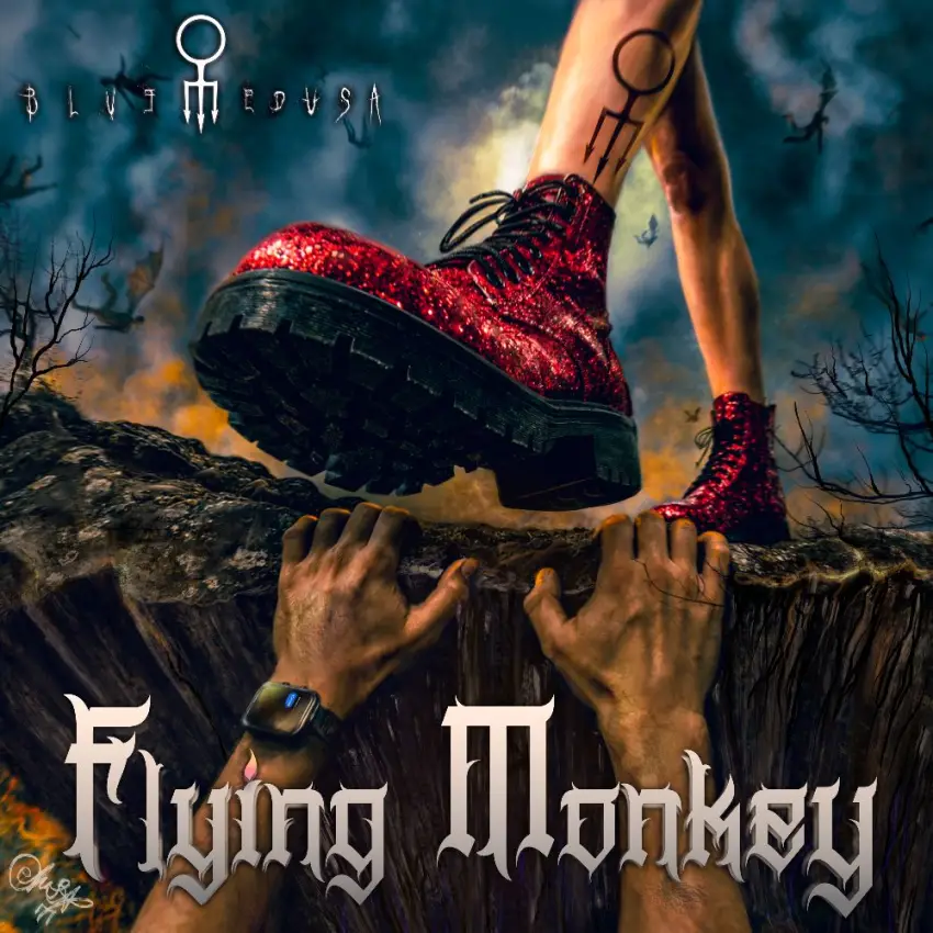 A person in glittery red boots stepping onto a rock ledge from above, hands gripping the edge below with a stormy sky and bats in the background; album title 'Flying Monkey' in a gothic font.
