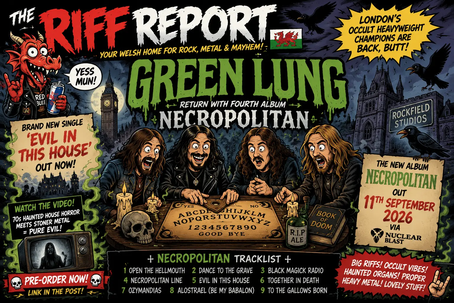 Poster for Green Lung's Necropolitan: four band members sit around a Ouija board lit by candles amid skulls and eerie posters.
