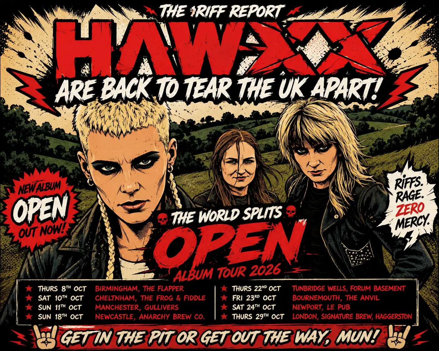 Comic poster for Hawxx: The RIFF Report opens tour 2026 with three band members in bold red and black artwork, roaddates listed at bottom.