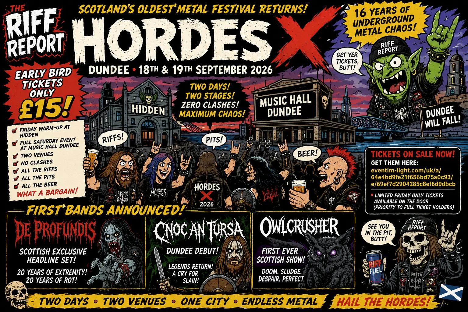 Poster for HORDES X metal festival in Dundee (Sept 18–19, 2026) with crowd, band logos, skulls and bold orange/yellow text. Includes ‘The Riff Report’ branding and ticket details.