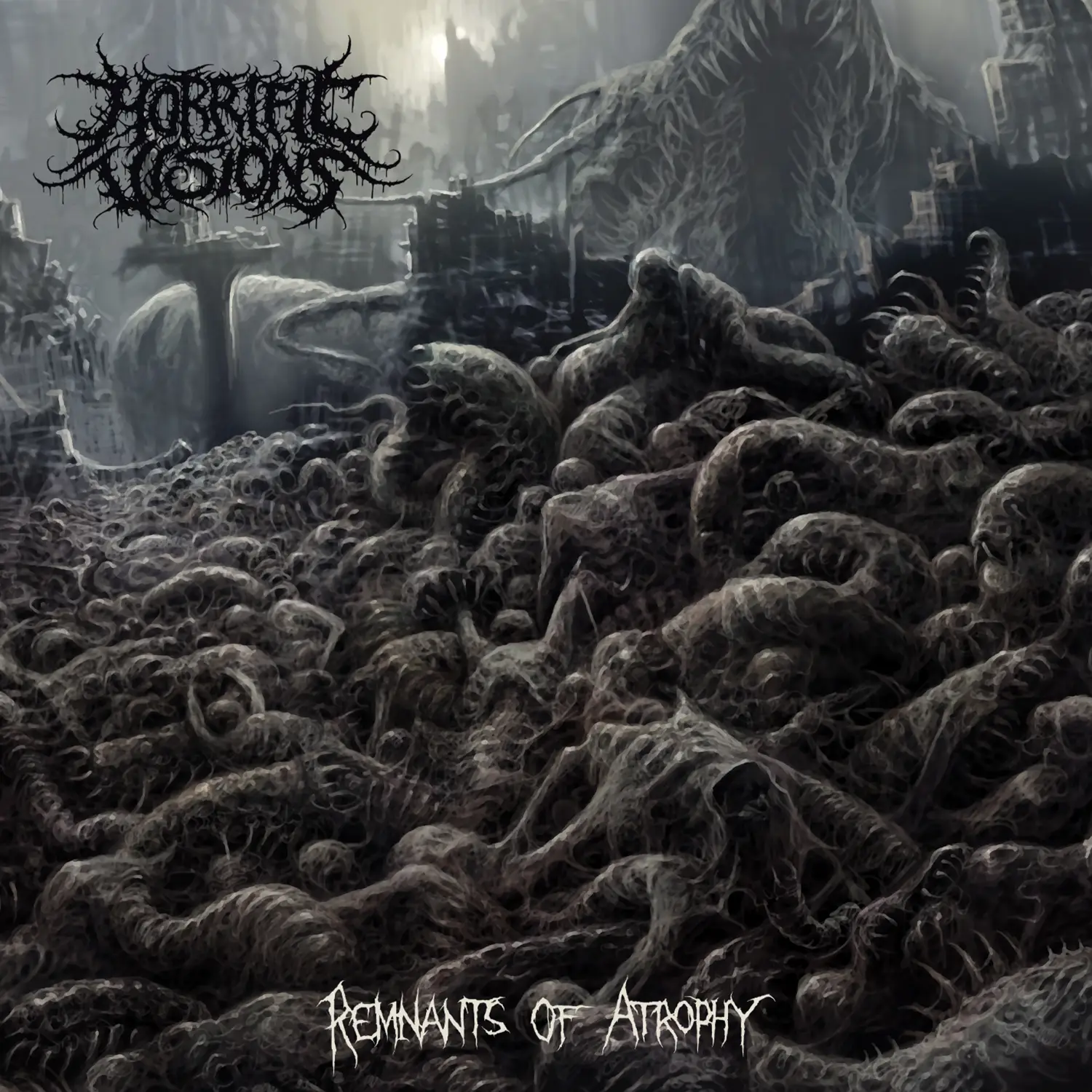 Album cover for Remnants of Anthropophagy: a desolate, tangled mass of tendril-like roots enveloping ruined city buildings, in grayscale with a jagged band logo in the corner.