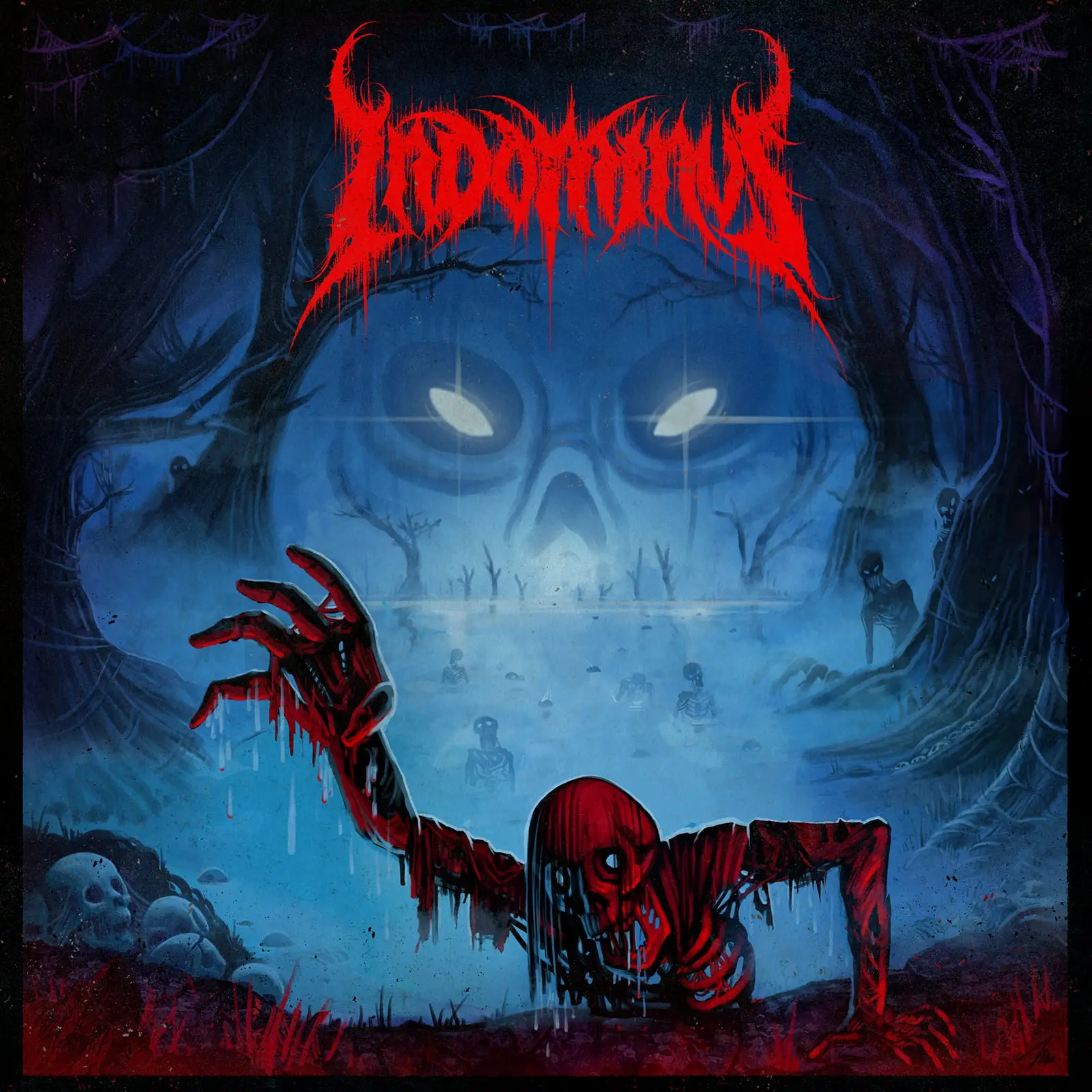 Red zombie-like figure emerges from a blue swamp, arms raised, with skeletal silhouettes and a giant skull night scene in the background.