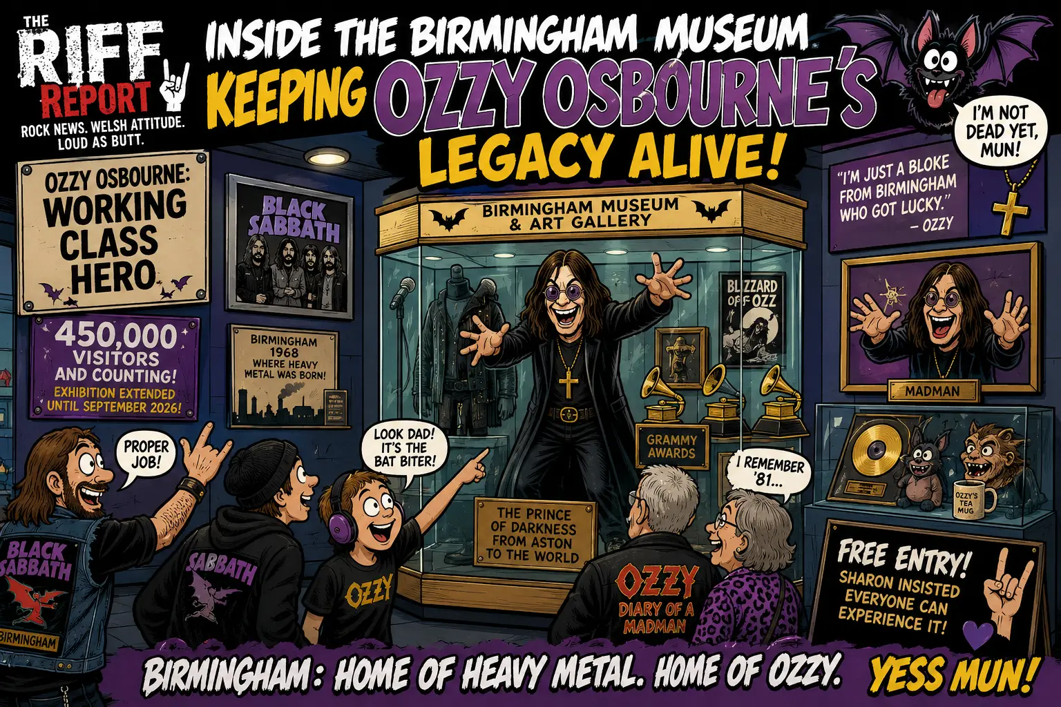 Colorful comic‑style poster showing Ozzy Osbourne at a Birmingham museum exhibit, with fans cheering in front of display cases and Sabbath memorabilia.