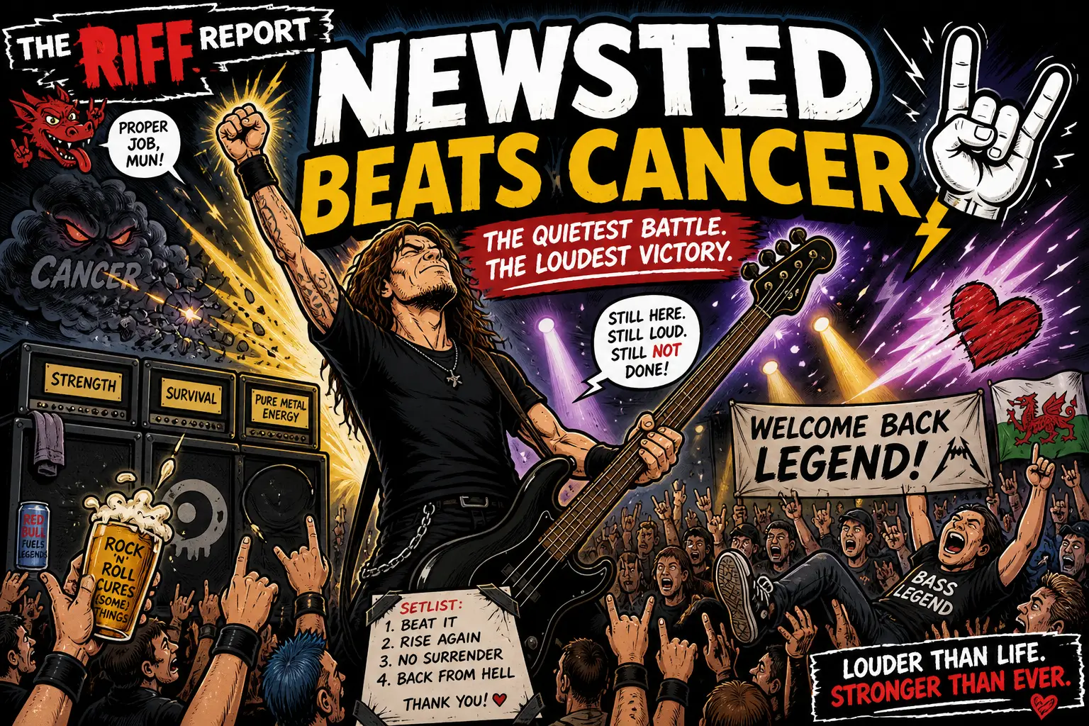 Guitarist on stage raises a fist while the crowd cheers; bold banners read 'Beats Cancer' and 'Welcome back, Legend!' in a comic-style concert scene.