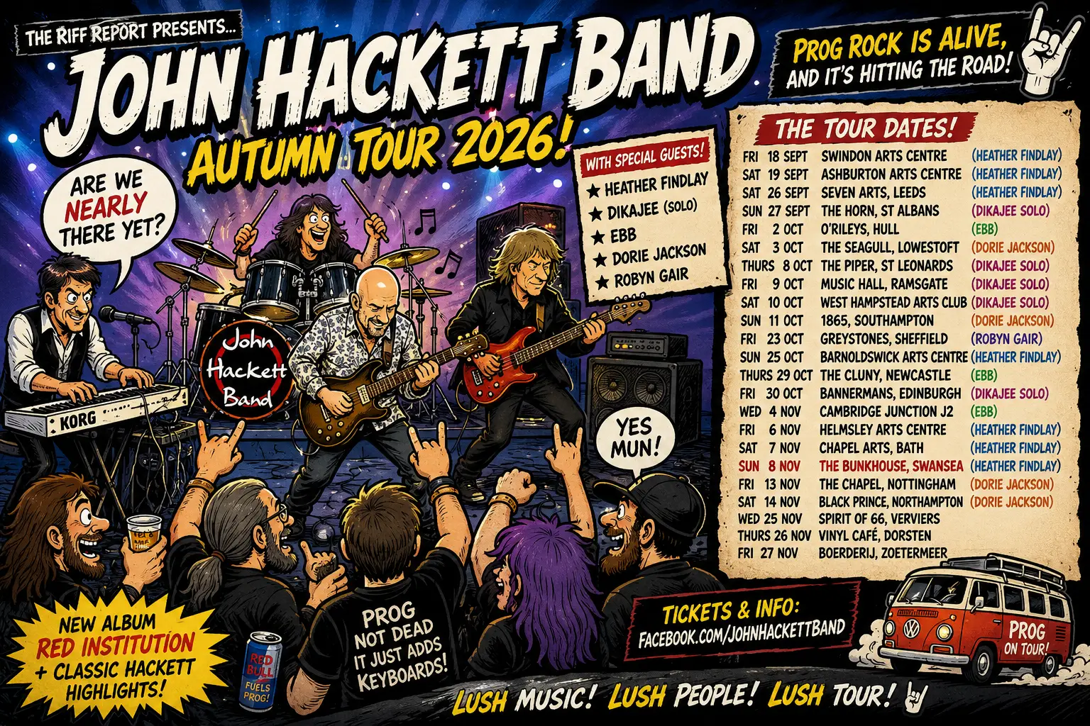 Colorful concert poster for John Hackett Band Autumn Tour 2026 featuring the band on stage and tour dates list on the right.