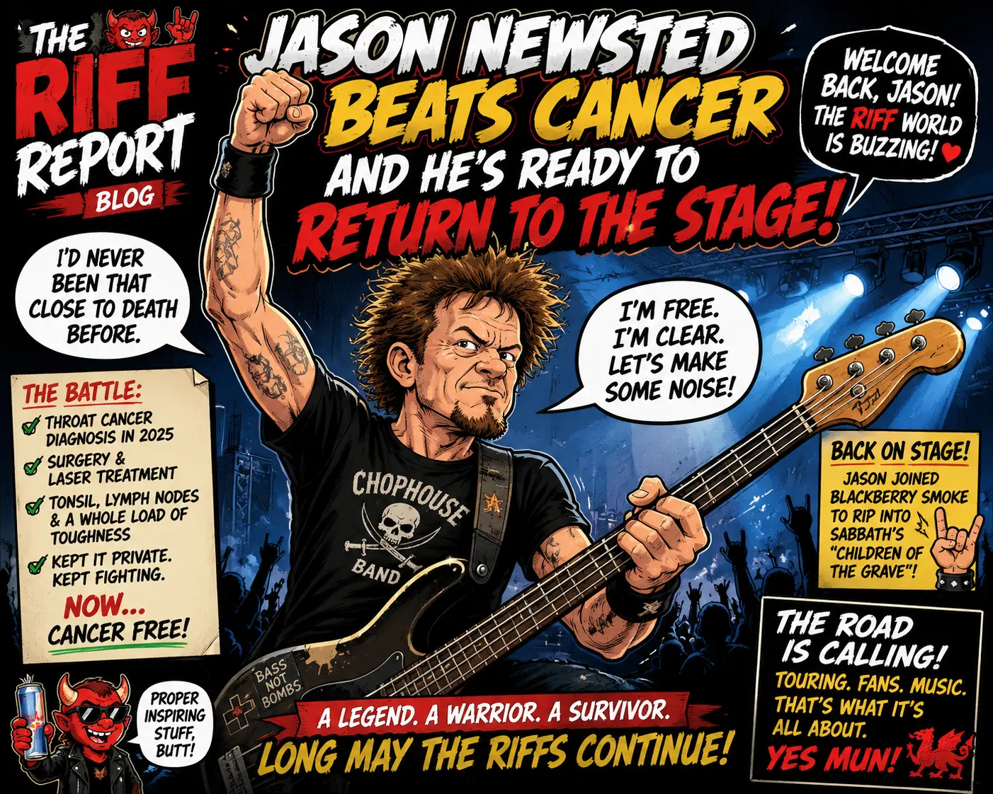 Comic-style poster showing a guitarist on stage raising a fist, with bold headlines about Jason Newsted beating cancer and returning to the stage.