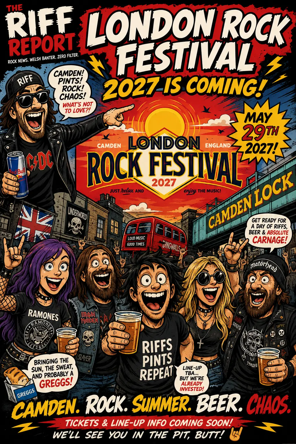 Colorful poster advertising London Rock Festival 2027 in Camden, with a cheering crowd and bold event details.