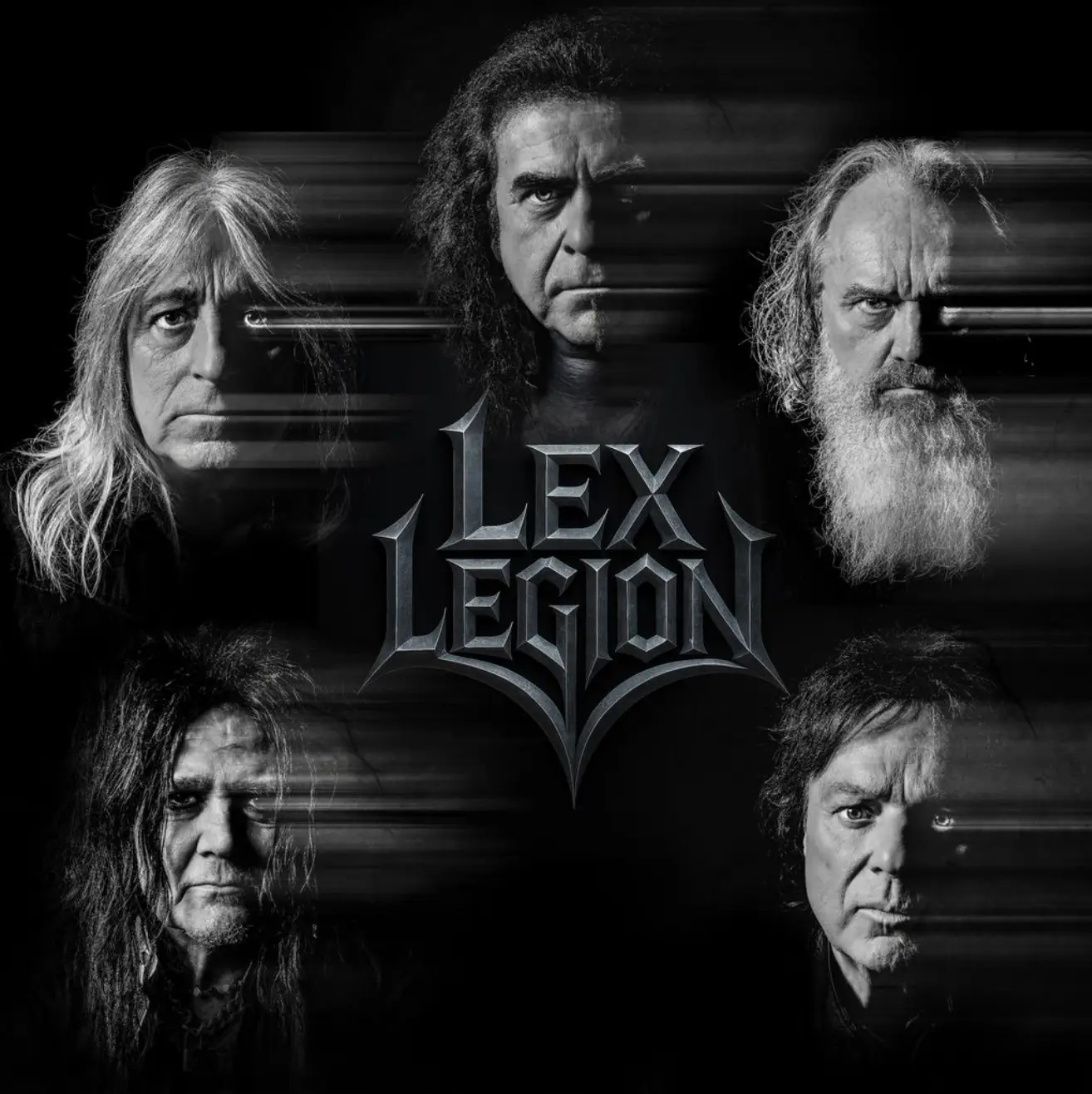 Black-and-white promotional image of five band members surrounding a metallic Lex Legion logo on a dark background.