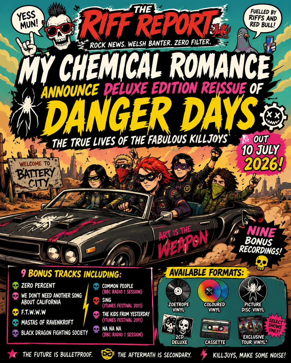 Comic-style promo poster for The Riff Report: My Chemical Romance โ Danger Days deluxe reissue; four band members drive a black convertible through a desert landscape.