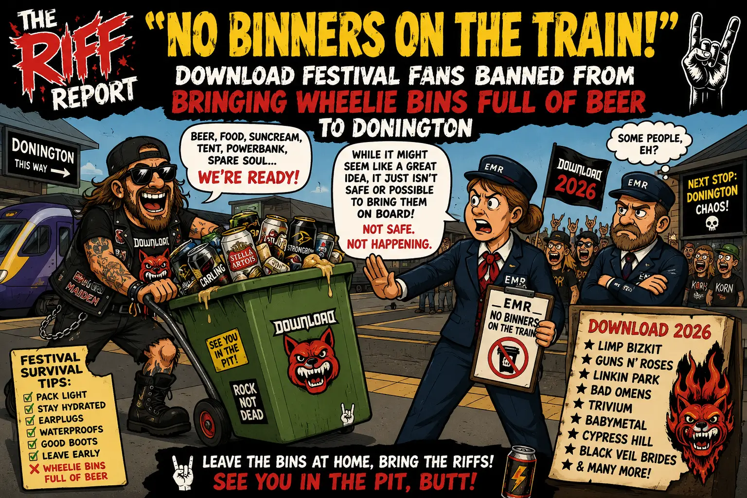 Comic-book style illustration of a biker wheeling a beer-filled bin labeled 'Download' toward two EMR staff as a crowd watches; bold headline 'No Binners on the Train!' dominates the scene with protest banners and signs about Download 2026.
