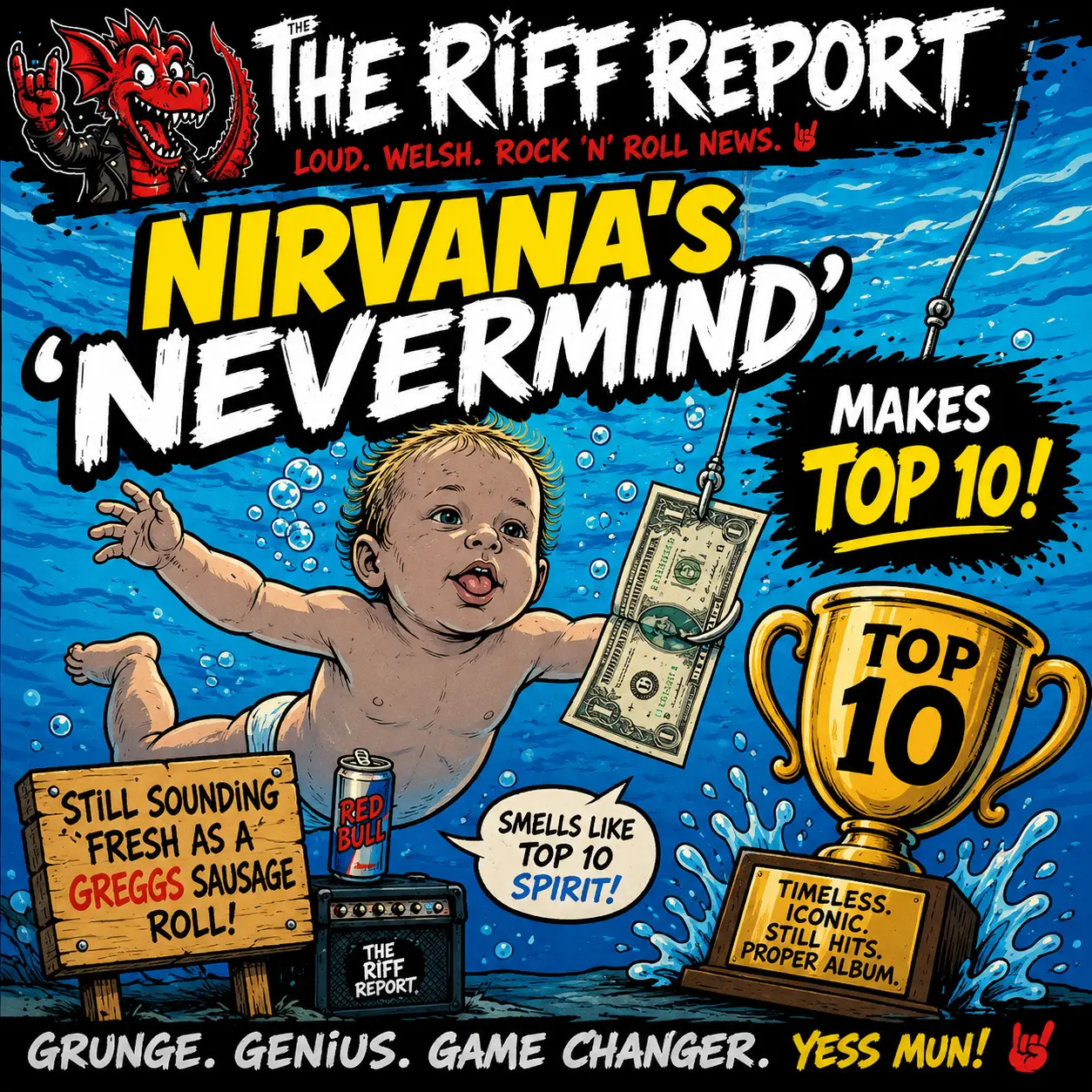 Comic-style cover announcing Nirvana's Nevermind makes Top 10, showing a baby underwater, a dollar bill dangling from a line, and a gold Top 10 trophy.