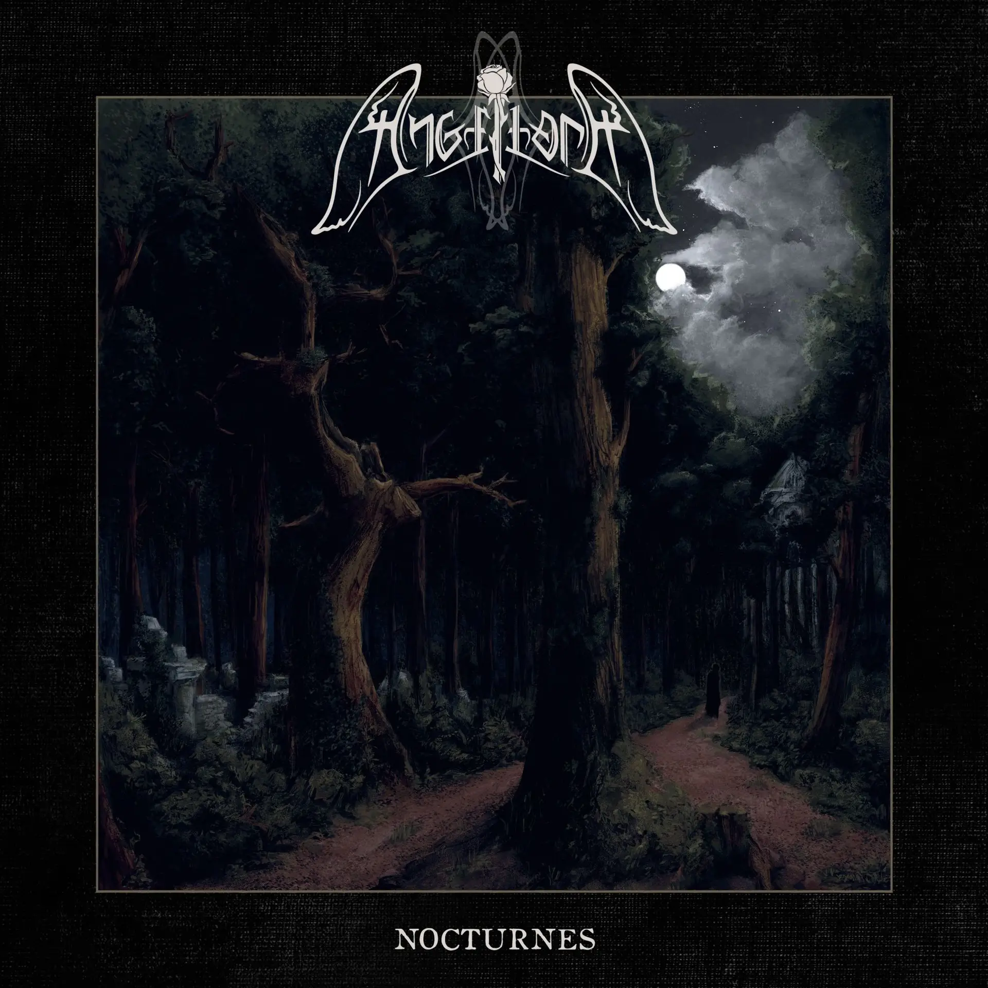 Framed poster with a dark forest scene, a white winged emblem above, and the word NOCTURNES at the bottom center.