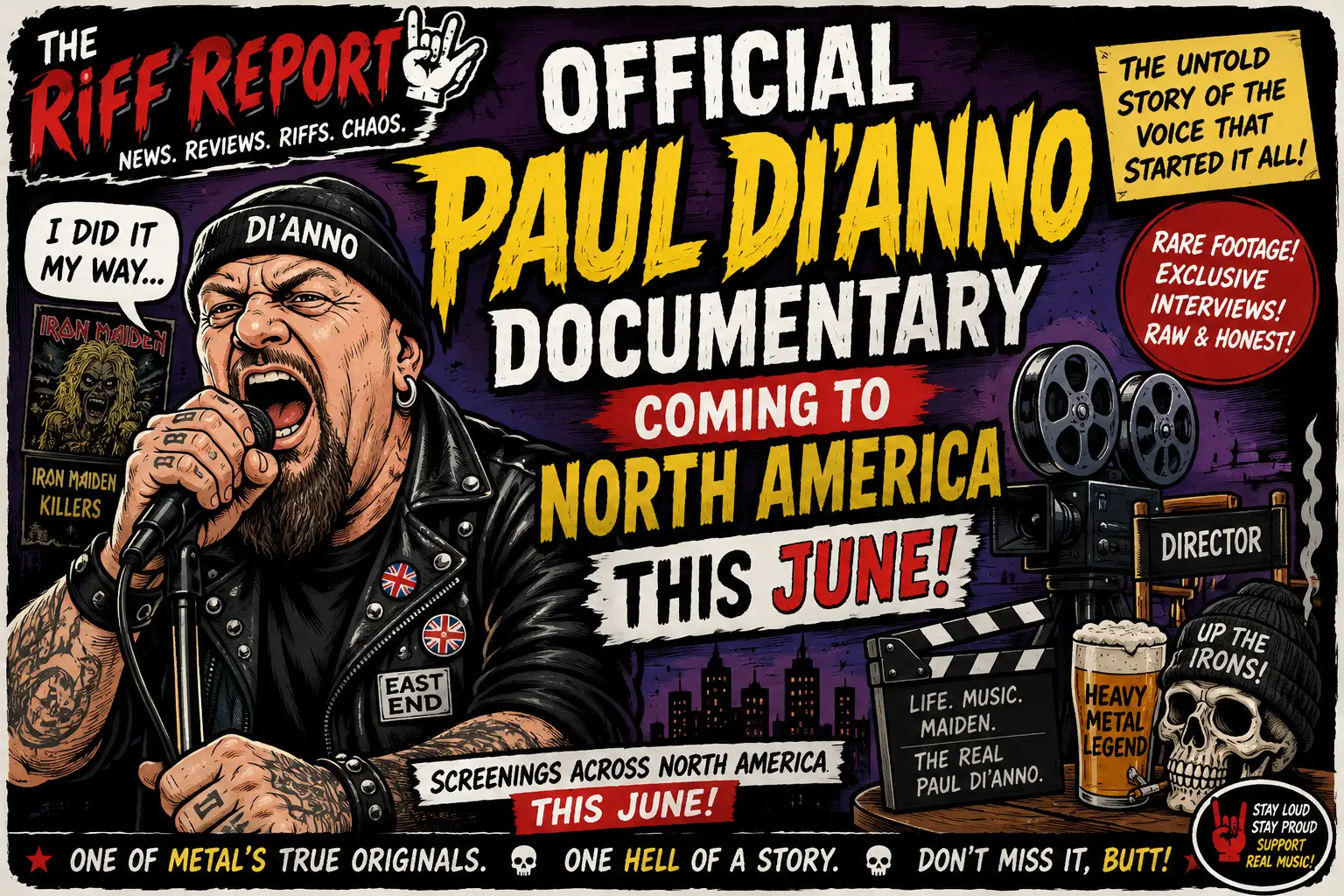 Bold comic-style poster promoting a Paul Di'Anno documentary: a vocalist in a leather jacket singing into a mic, with Union Jack pins, film reels, clapperboard, skull mug, and dramatic yellow/red typography announcing North America release this June.