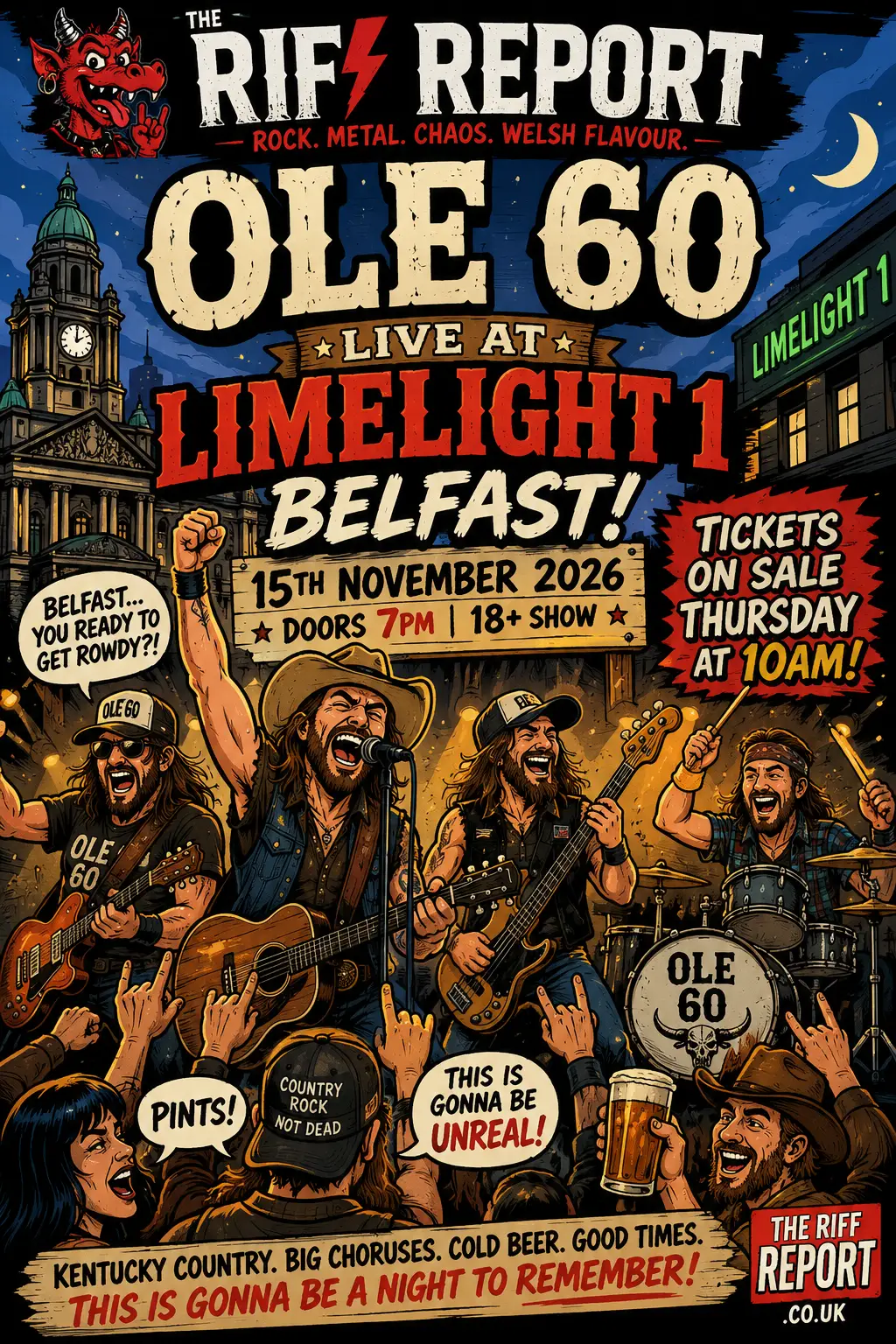Poster advertising Ole 60 live at Limelight Belfast on 15 November 2026; doors at 7pm, 18+ show; tickets on sale Thursday at 10am.