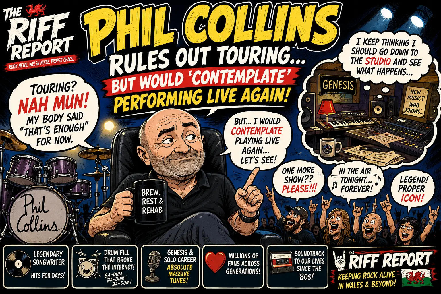 Comic poster featuring Phil Collins with bold yellow title text and speech bubbles about touring and performing live again, set on a rock show stage scene.