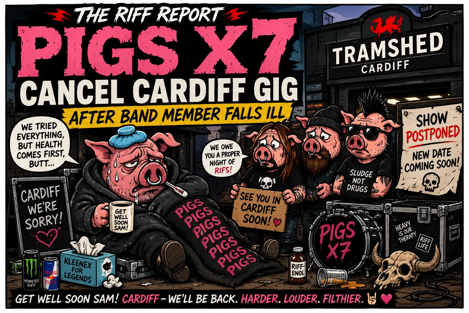 Cartoon poster for a pig-themed rock show 'PIGS X7' in Cardiff with a postponed gig sign and distressed pig band members outside Tramshed Cardiff.