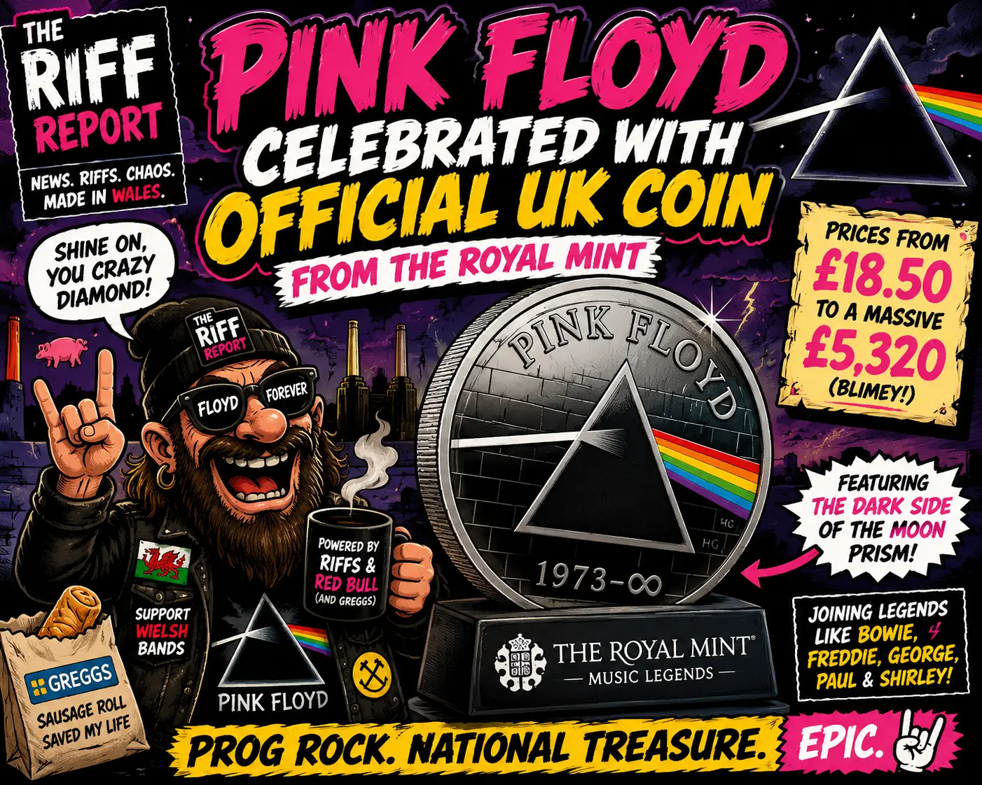 Comic-style poster announcing a Pink Floyd UK coin with prism logo; bearded rocker with sunglasses and a mug in foreground.