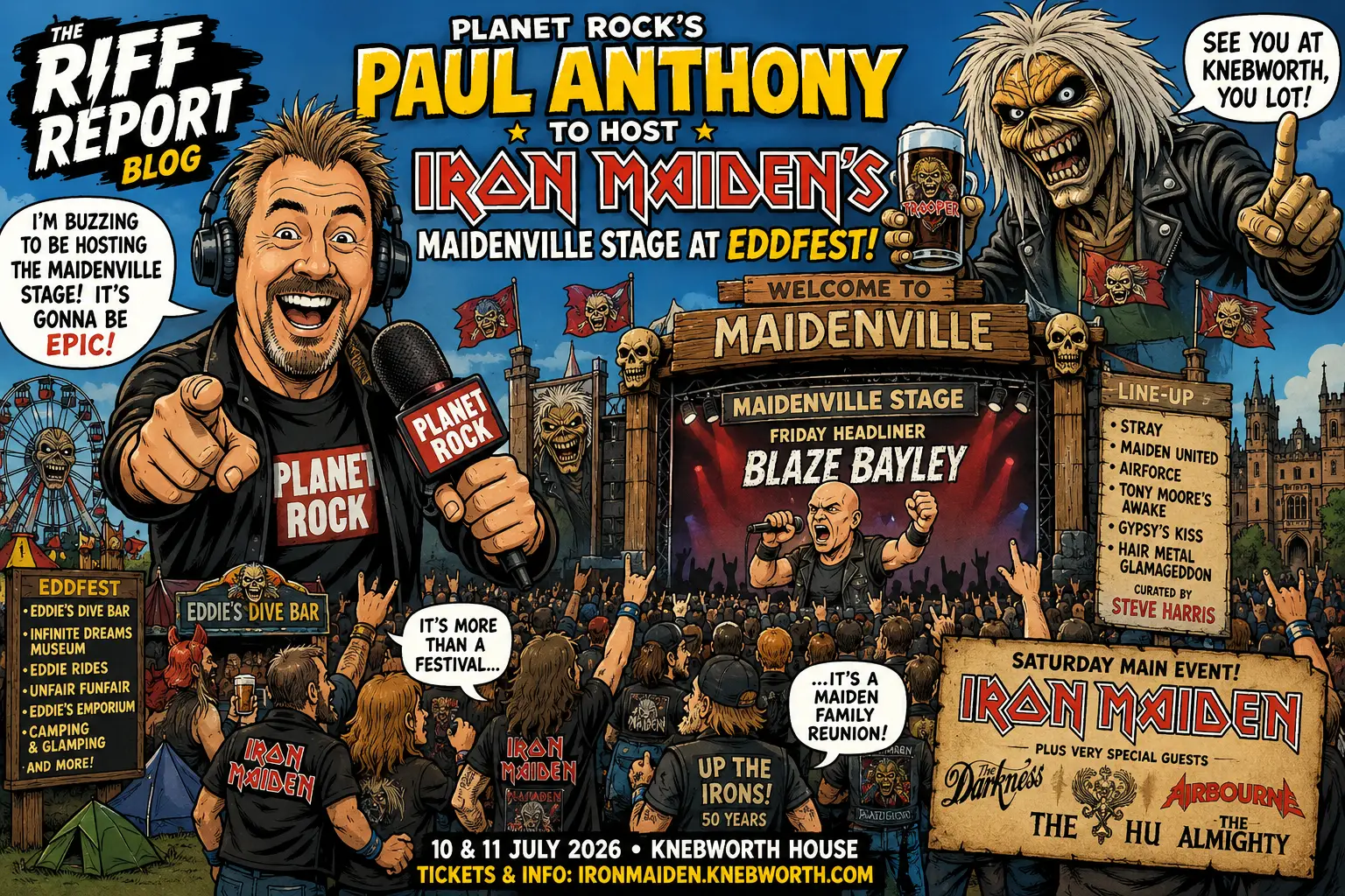 Colorful festival poster announcing Paul Anthony hosting Iron Maiden's Maidenville stage at EddFest, with cartoon hosts and a cheering crowd.