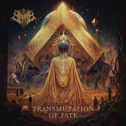 Album cover art for 'Transmutation of Fate': a golden, faceless figure standing inside a tall, glowing pyramid with a radiant head against a dark surreal landscape.