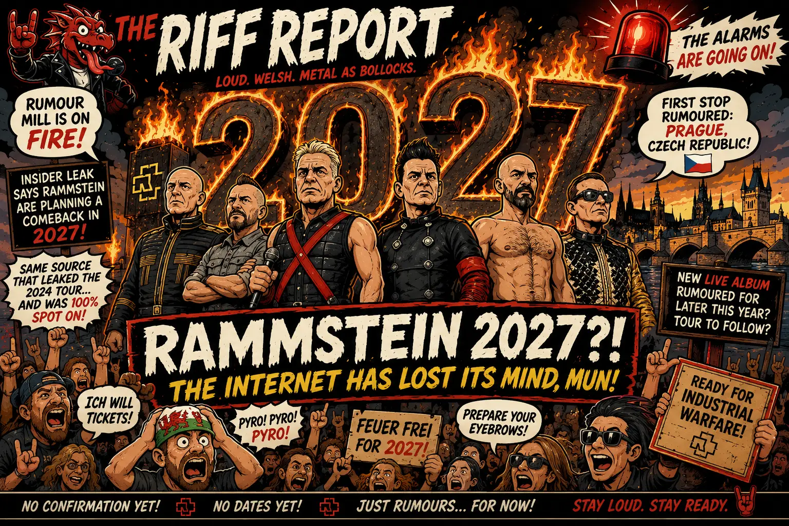 Comic-style poster advertising 'The Riff Report 2027?' with flaming '2027' numerals, row of muscular figures in leather, a cheering crowd, and protest signs.