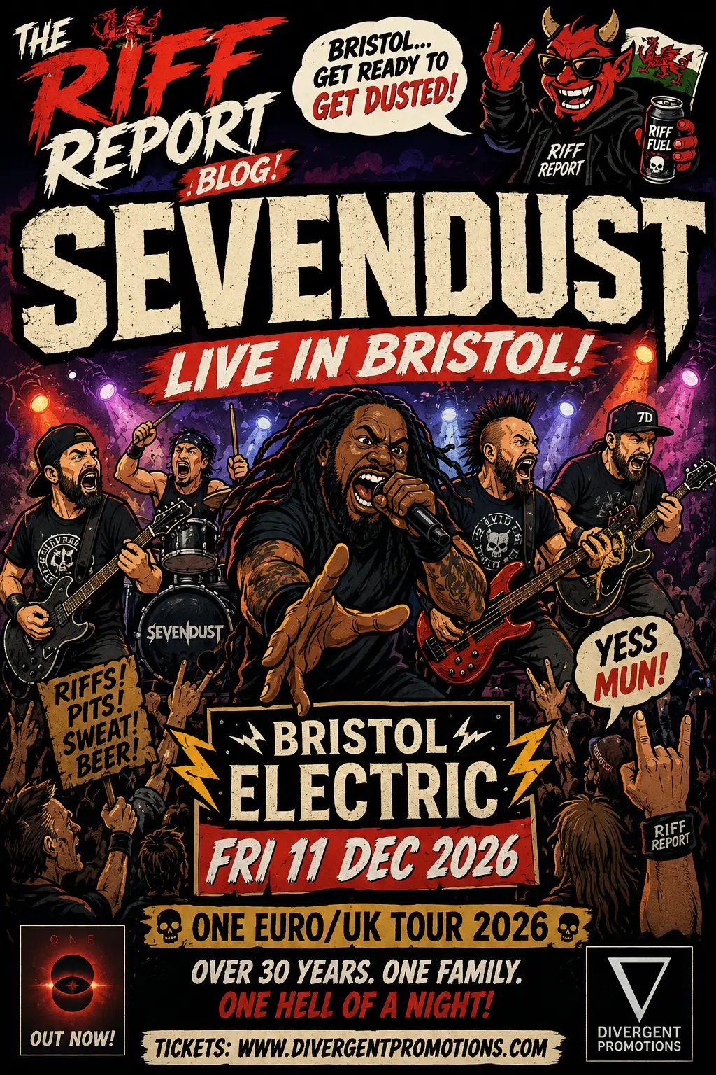 Illustrated concert poster for SevENDUST with band members performing on a crowded stage and bold banners that read "BRISTOL ELECTRIC" and "LIVE IN BRISTOL"; date and venue details shown at bottom.