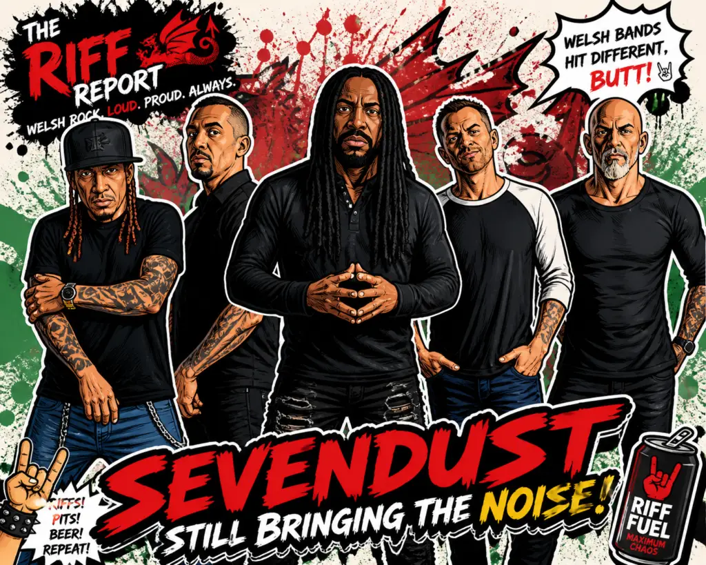 Illustrated poster featuring the rock band SevenDust, five members in black clothing with a splattered red-green background and bold title text.