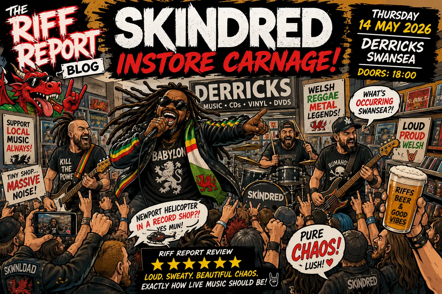 Colorful illustrated rock concert in a record store with four band members performing to a crowded audience; bold event title and date in comic-style text.