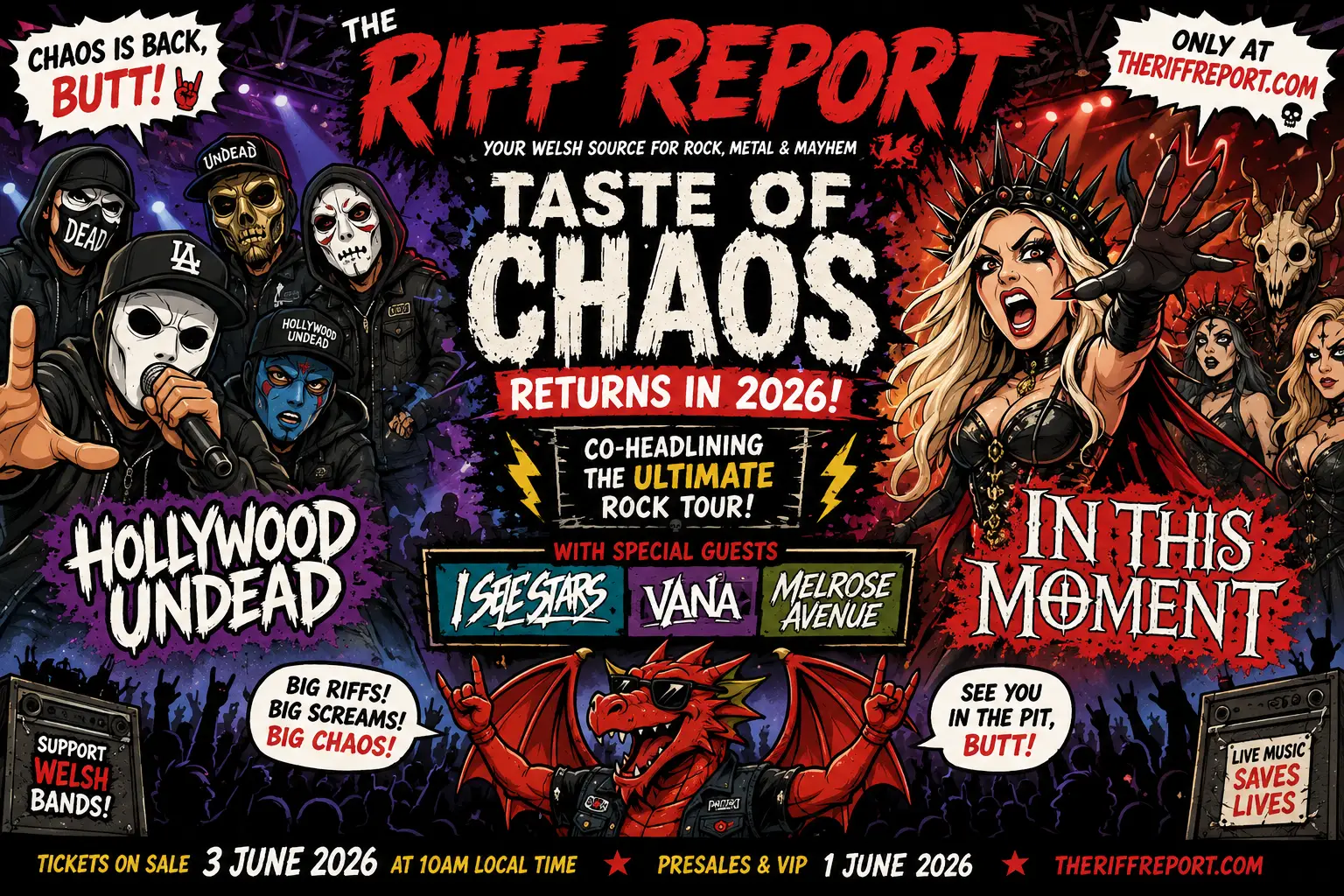 Promotional poster for Taste of Chaos tour: masked rock performers on the left, a screaming queen on the right, bold title in the center.