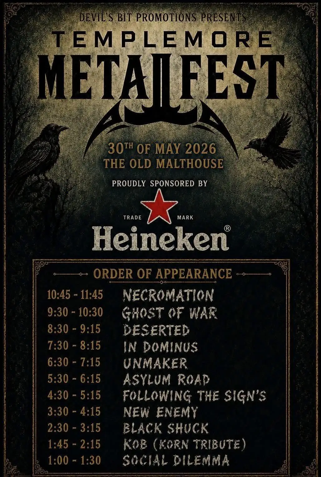 Poster for Templemore Metal Fest with Heineken sponsor, dark ornate design and band lineup schedule for May 30, 2026 at The Old Malthouse
