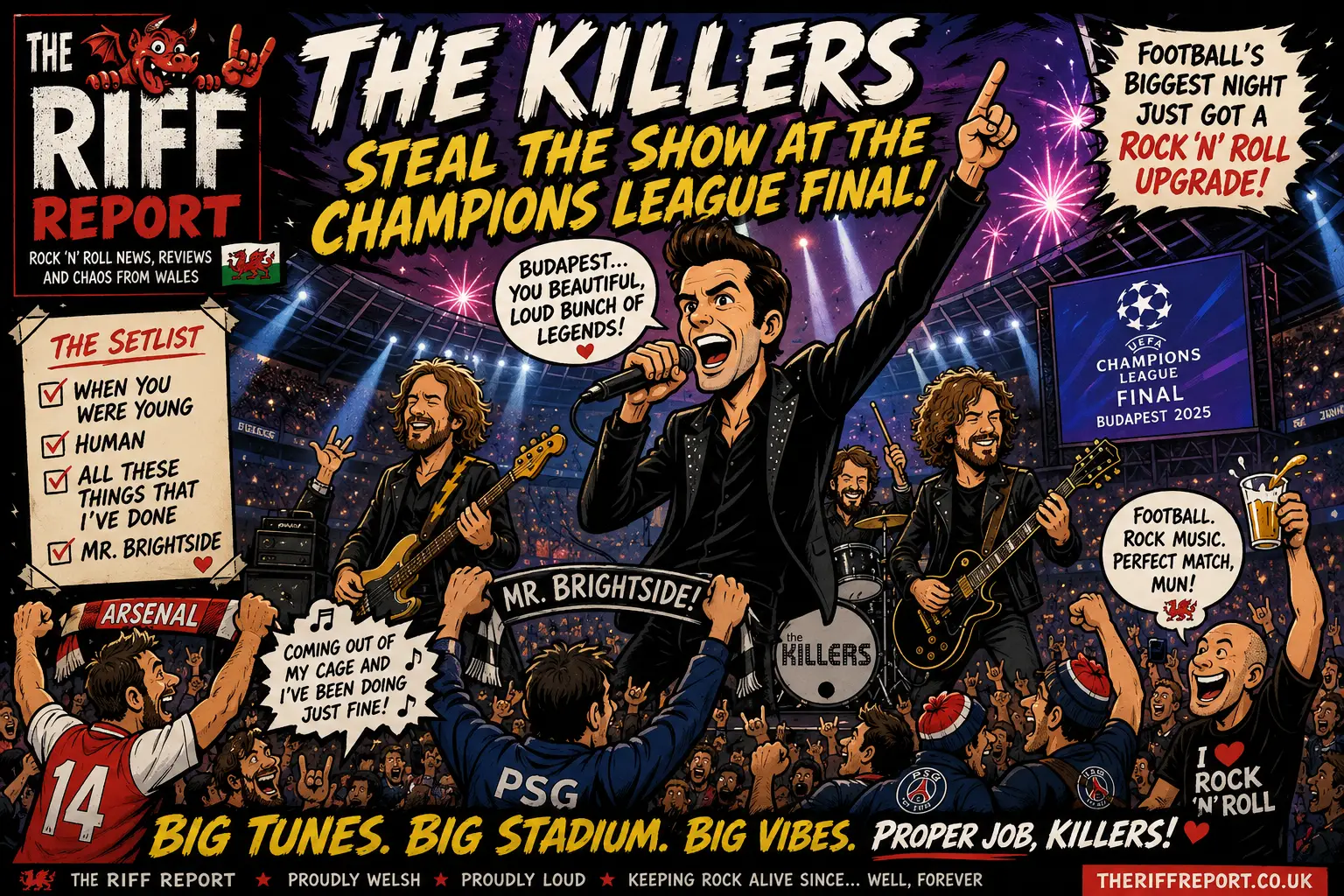 Comic-style cover of The Killers performing at the Champions League Final in Budapest 2025, with cheering fans and bold headline text.