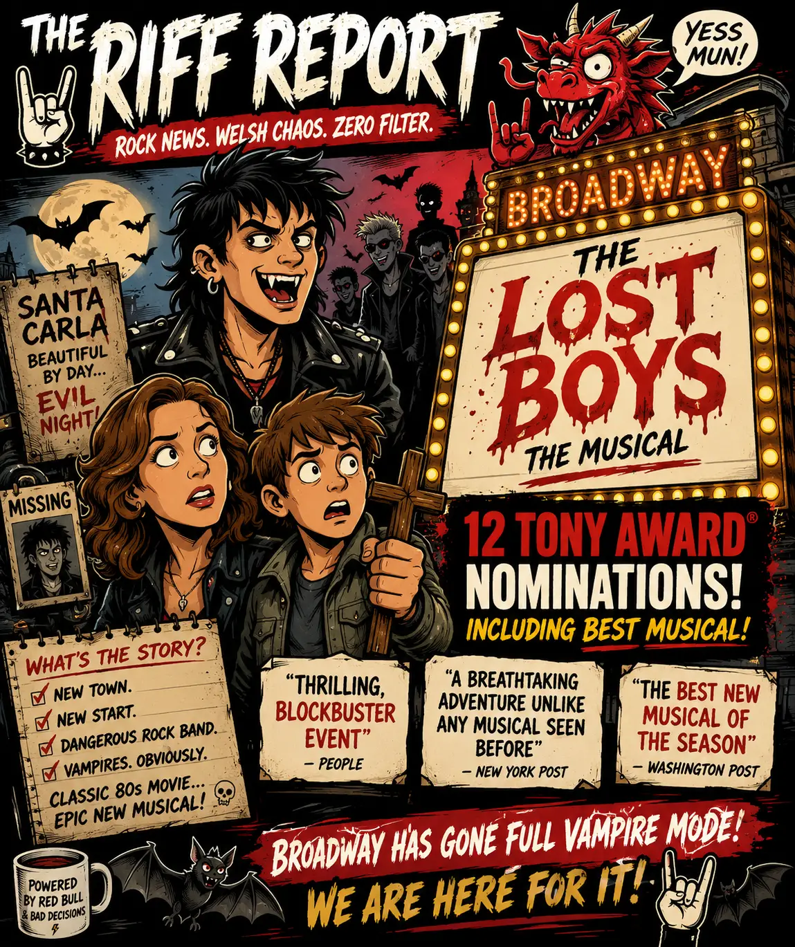 Poster for The Lost Boys: The Musical with three teens in the foreground, a glowing Broadway marquee, and vampire imagery in a comic-book style.