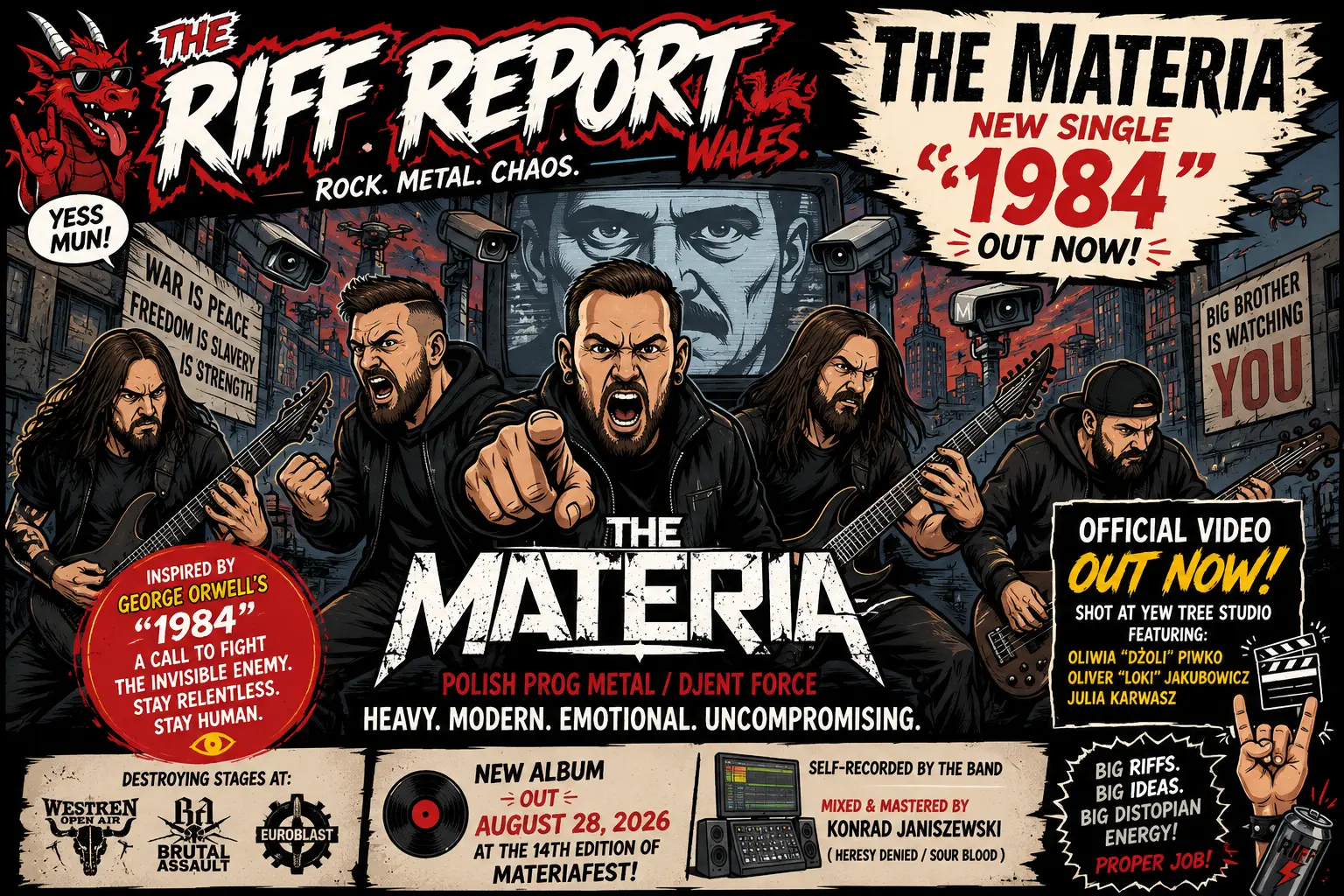 Comic-book style metal band poster featuring five musicians with guitars on a ruined city set, central singer pointing at the viewer, bold white 'MATERIAL' title, and dramatic propaganda-style graphics saying 'NEW SINGLE 1984 OUT NOW' and 'OFFICIAL VIDEO OUT NOW.'