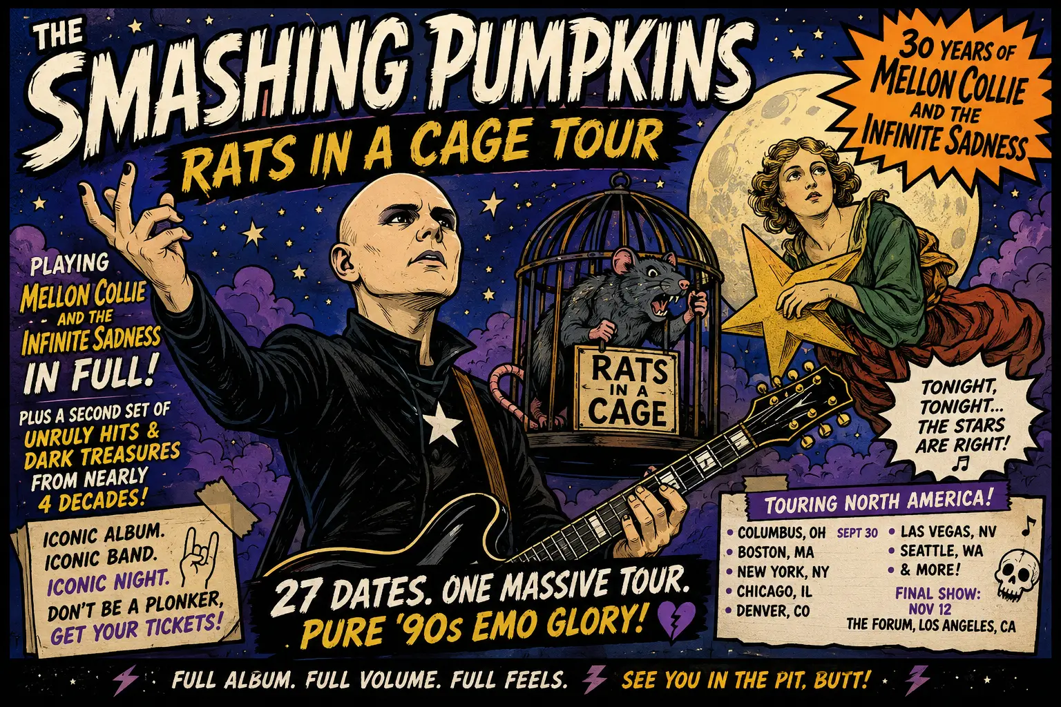 Promotional poster for The Smashing Pumpkins' 'Rats in a Cage' tour, with a guitarist, a rat in a cage, and a full moon motif in a comic style poster.