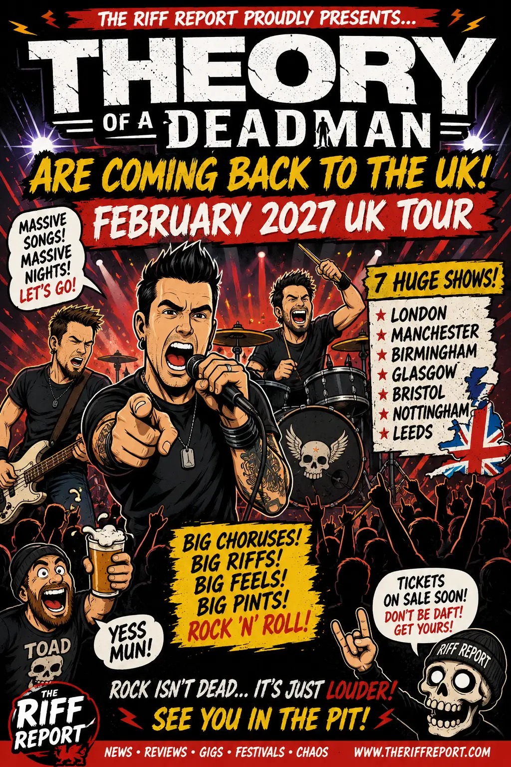 Bold rock poster announcing Theory of a Deadman’s UK tour with the band performing on stage and a cheering crowd.