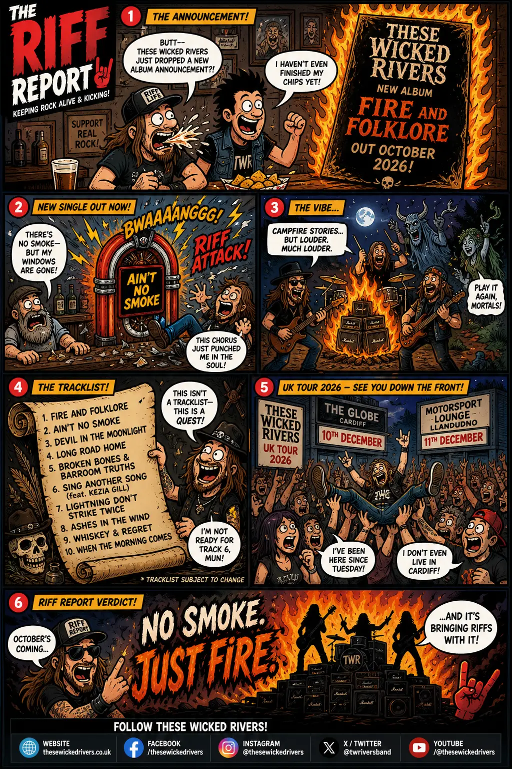 Six-panel comic-style promo for These Wicked Rivers' Fire and Folklore album, with band members performing, flames, and crowd imagery revealing tour and track info.