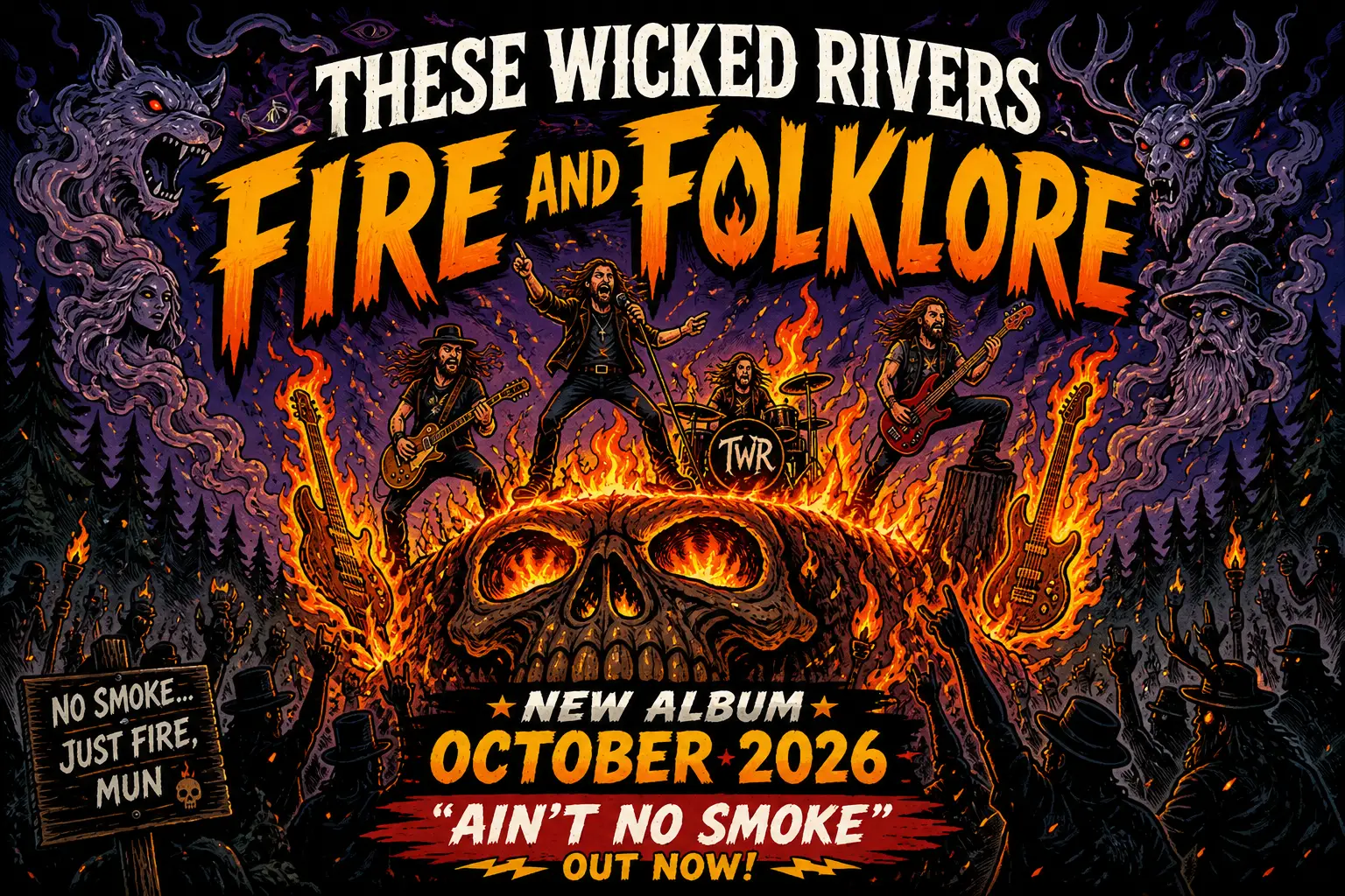Poster for These Wicked Rivers' album Fire and Folklore with a blazing skull centerpiece and band members playing guitars around flames, crowd silhouettes.