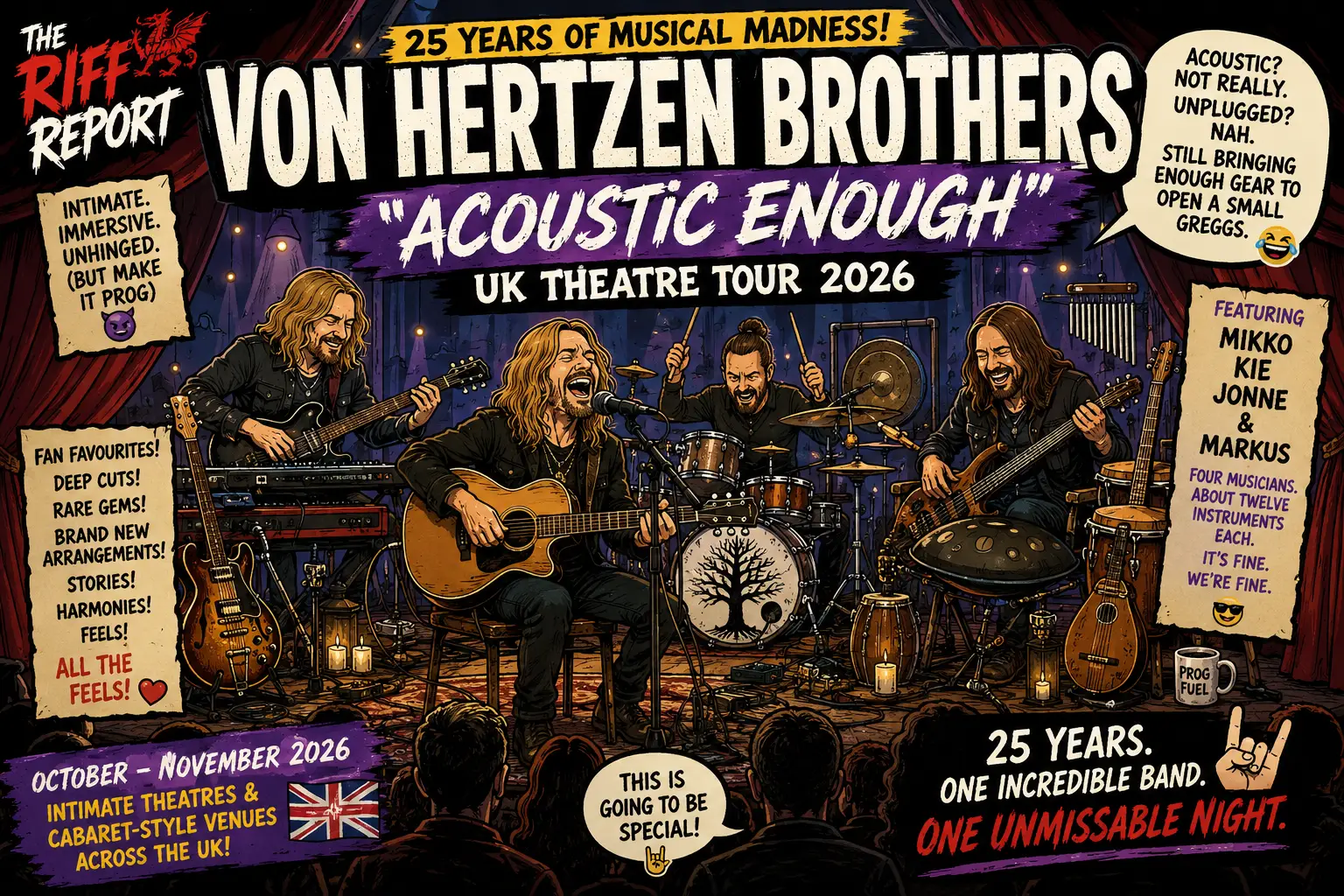 Colorful concert poster for Von Hertzen Brothers Acoustic Enough UK tour 2026, showing a live band on stage with guitars, drums and banners saying 25 Years of Musical Madness.