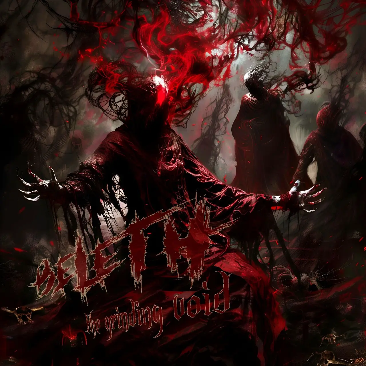Dark, chaotic fantasy artwork showing a red-cloaked figure with outstretched arms among swirling shadowy tendrils; jagged 'Death' text across the bottom.