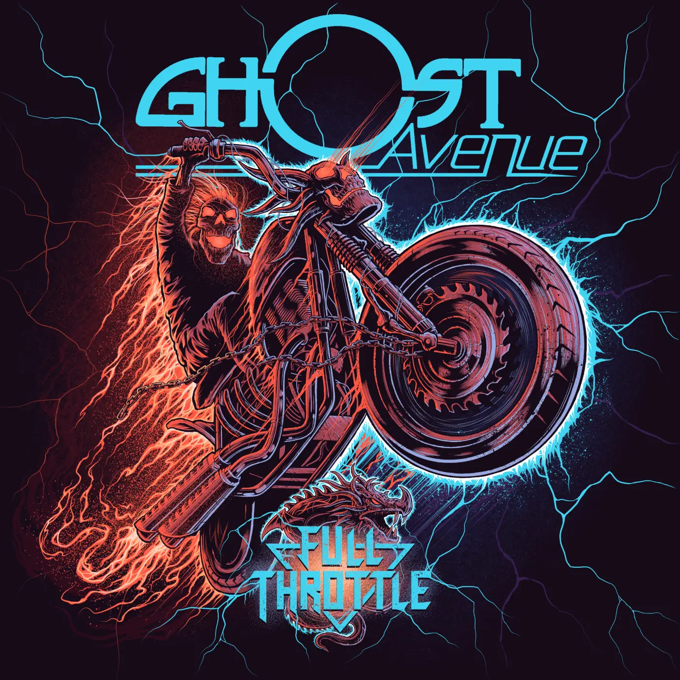 Neon-metallic motorcycle rider ripping through crackling electricity with bold blue text reading 'GHOST AVENUE' and 'FULL THROTTLE' in the background.