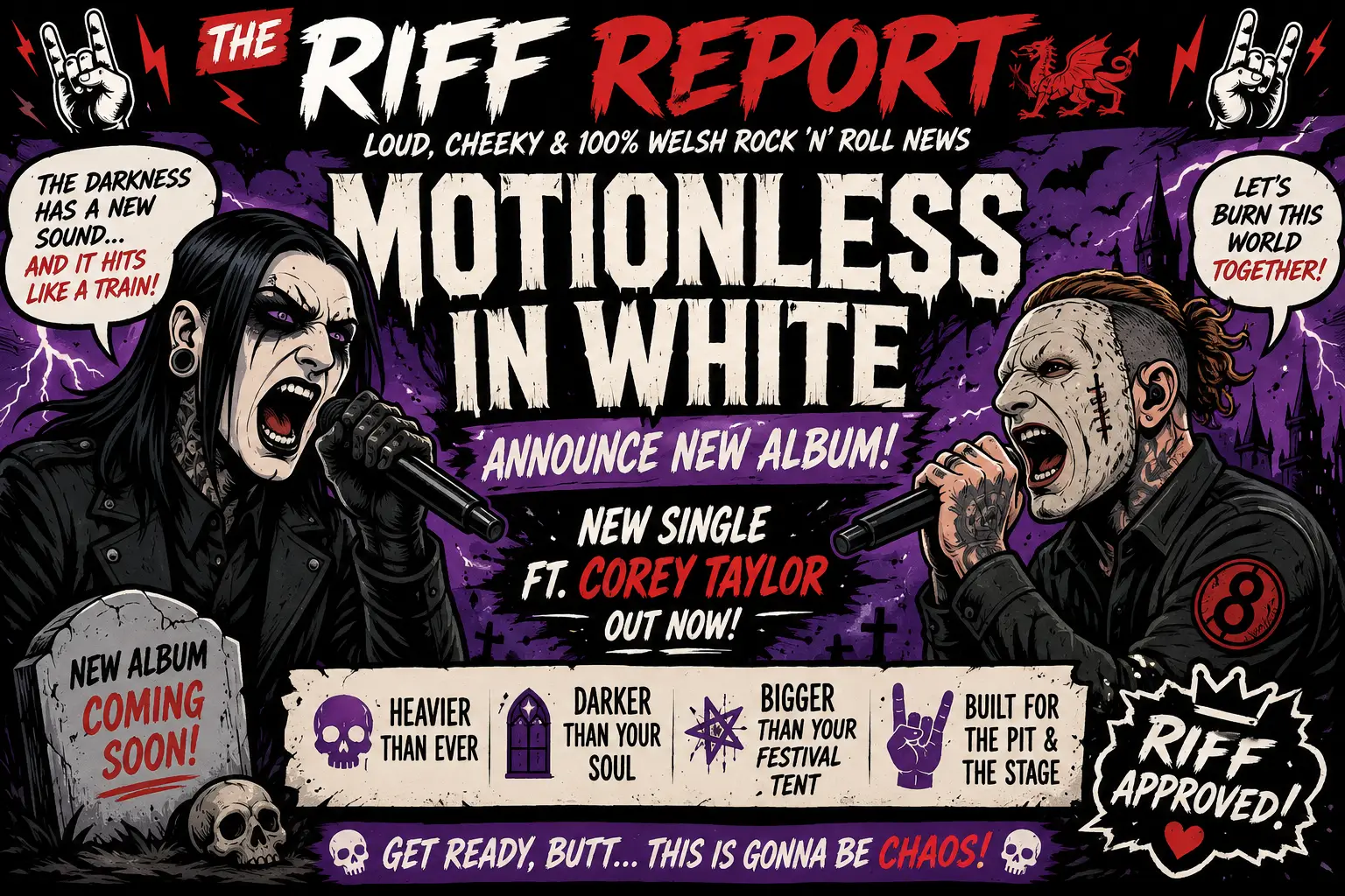 Comic-style banner for The Riff Report promoting Motionless in White's new album, featuring two masked vocalists shouting into microphones against a purple-black backdrop.