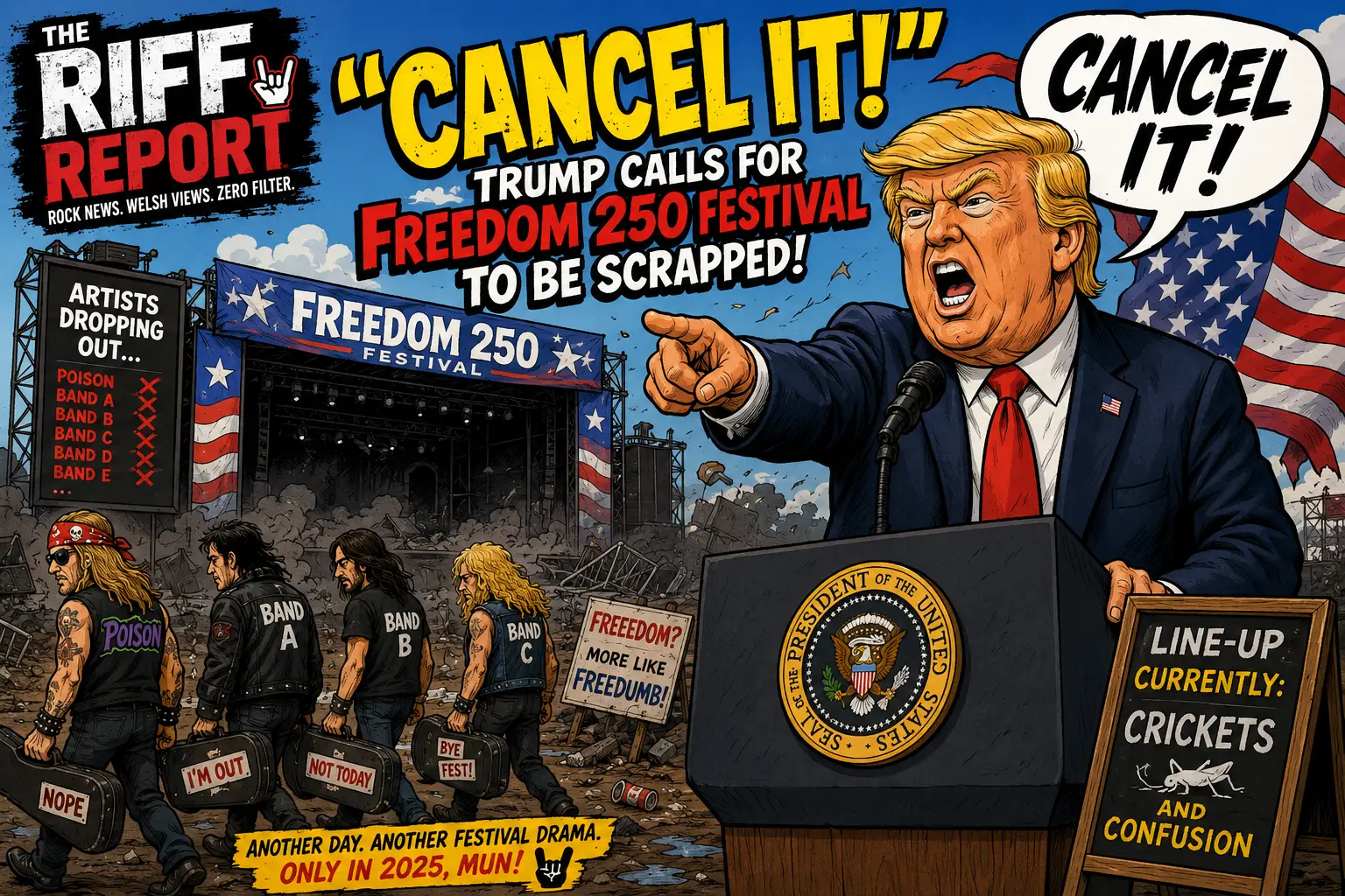 Cartoon of a shouting man at a podium with an American flag, giant 'CANCEL IT!' speech bubble, and a rock festival crowd in ruins behind him.