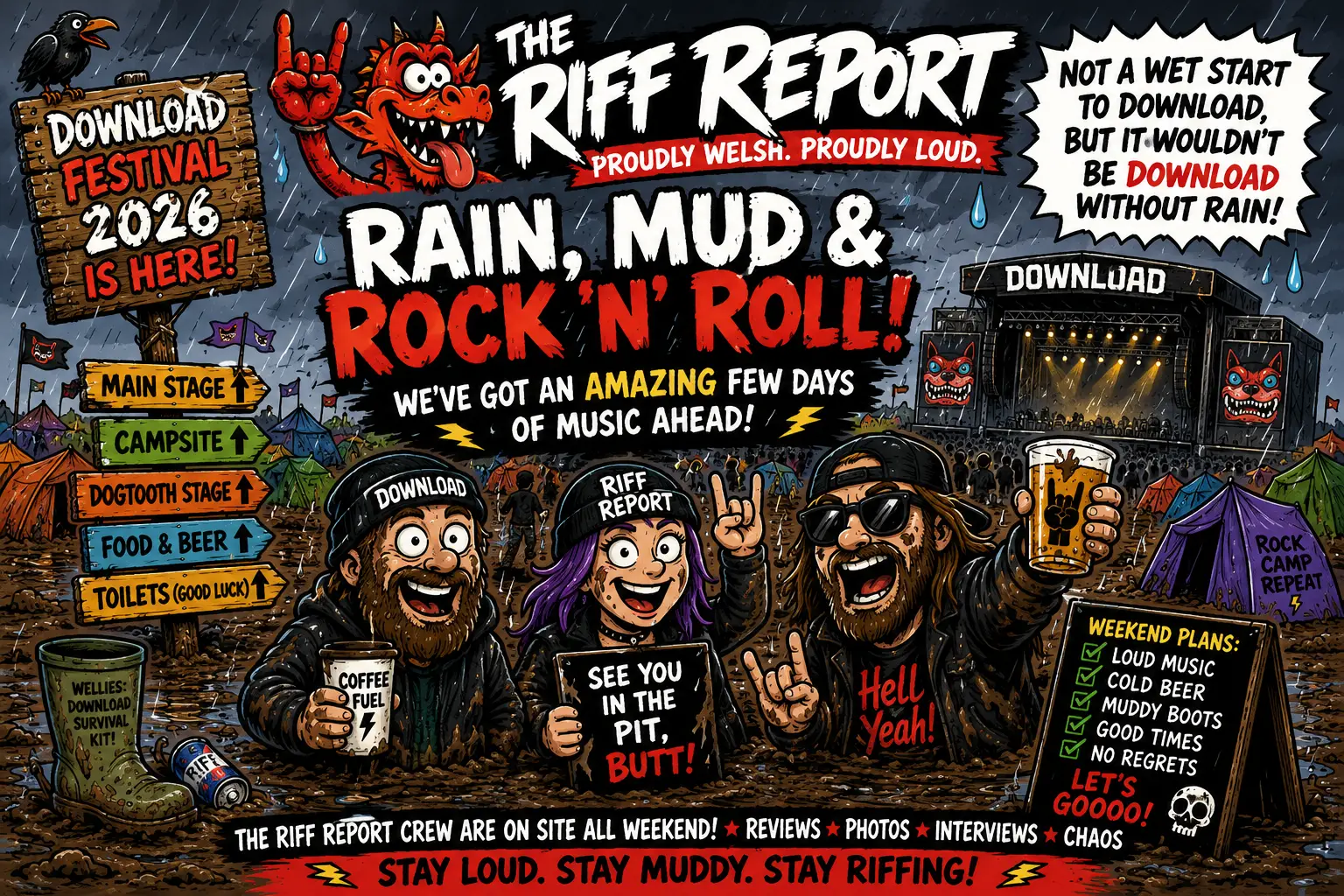 Vibrant festival poster promoting The Riff Report: Rain, Mud & Rock ’n’ Roll with stages, campers, raining, muddy ground, and a cheering crowd.