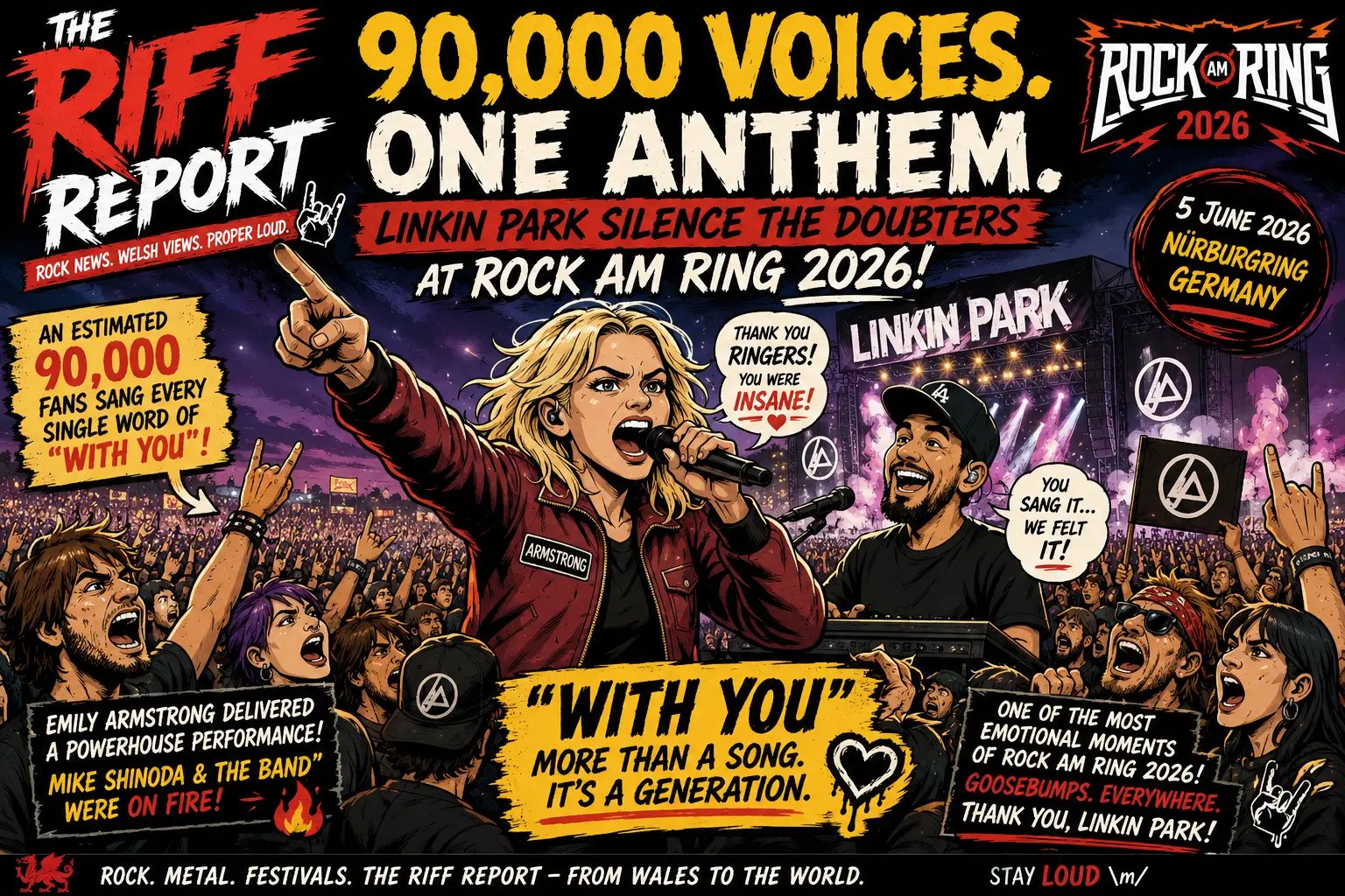 Bold festival poster featuring a rock concert crowd with Emily Armstrong center stage and loud headlines for The RIFF REPORT at Rock AM Ring 2026.