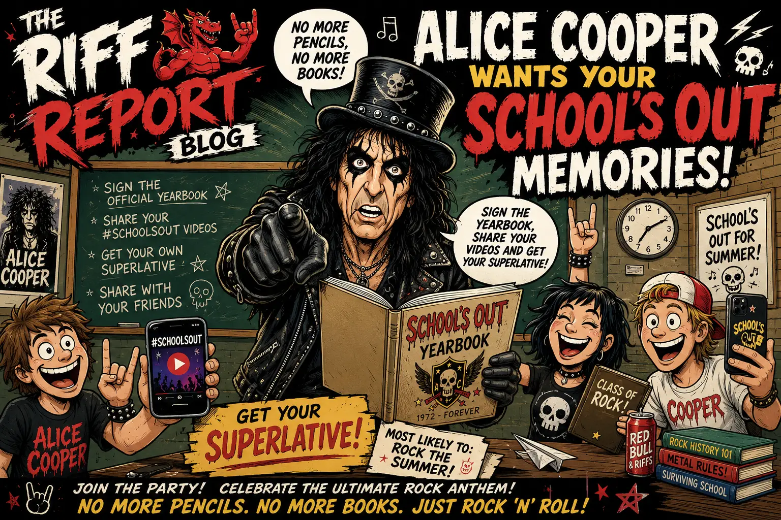 Comic-style banner with Alice Cooper theme announcing 'School's Out Memories' and bold, jagged typography for a rock-news vibe.